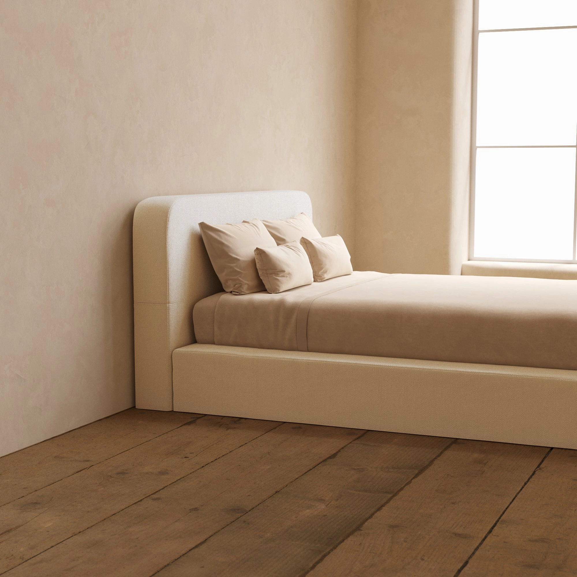 Queen Upholstered Platform Bed   Headboard | Knit Velvet in Powder