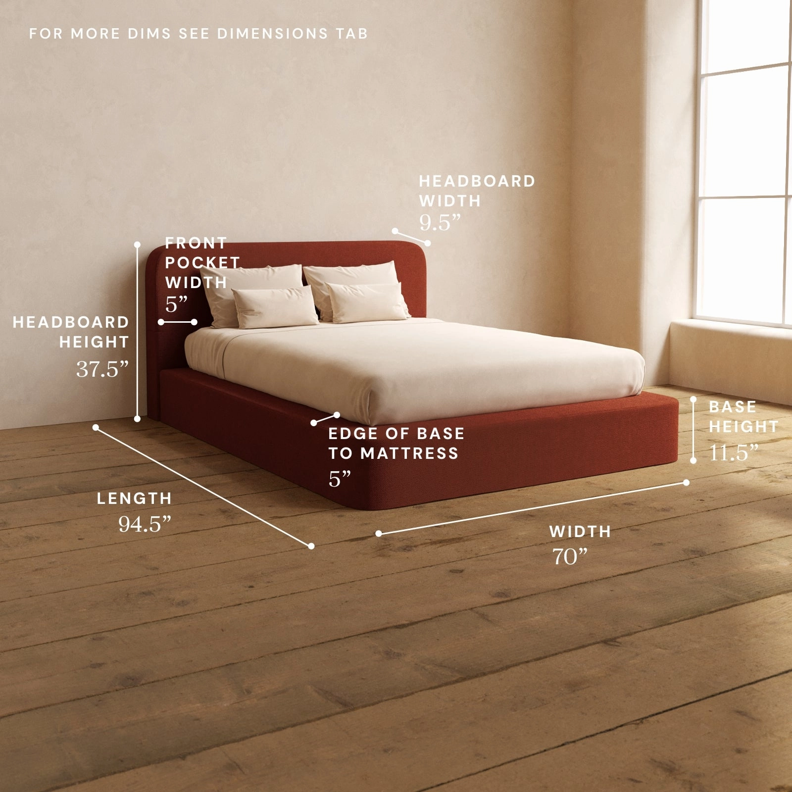 Queen Upholstered Platform Bed   Headboard | Knit Velvet in Rust