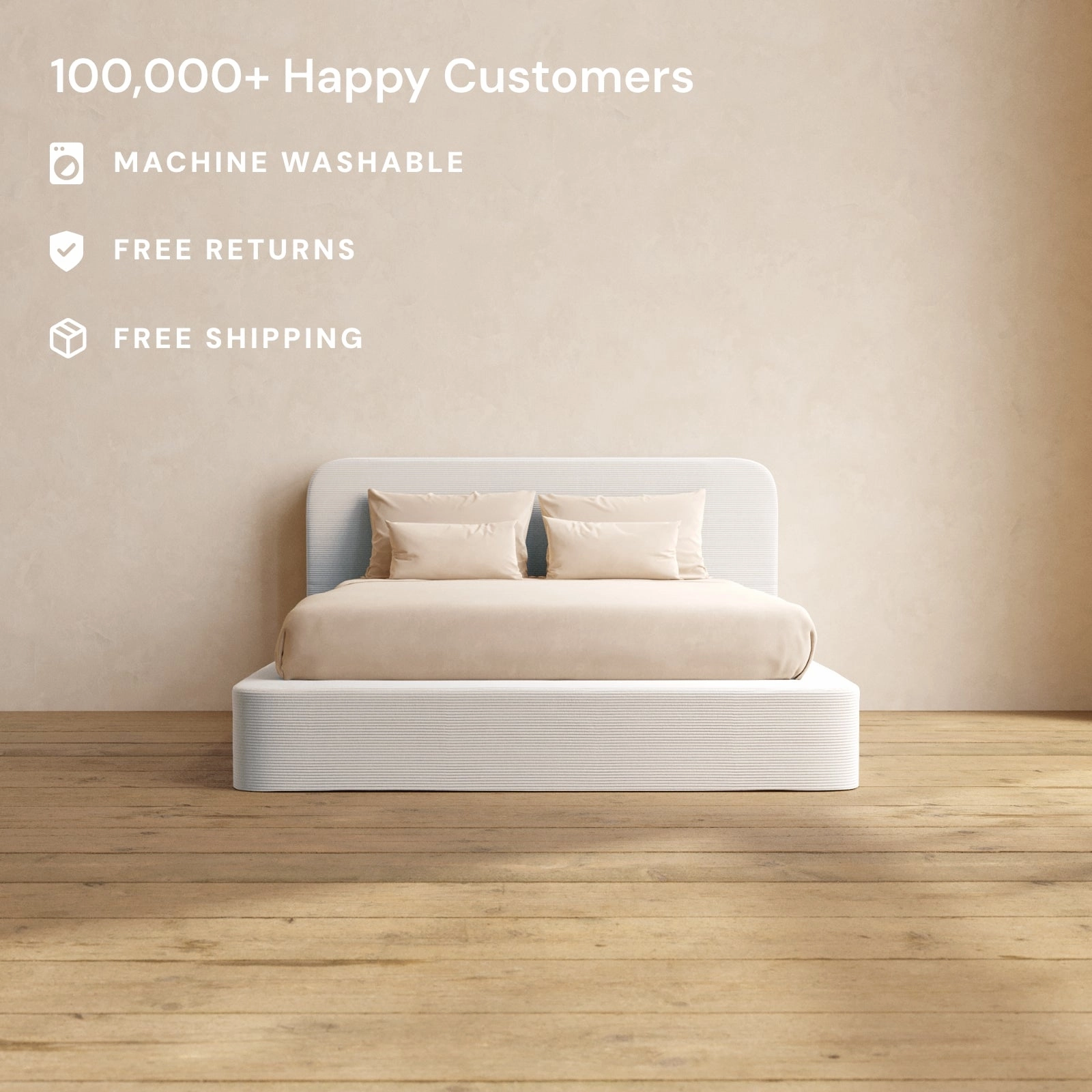 Queen Upholstered Platform Bed   Headboard | Luxe Corduroy in Milk