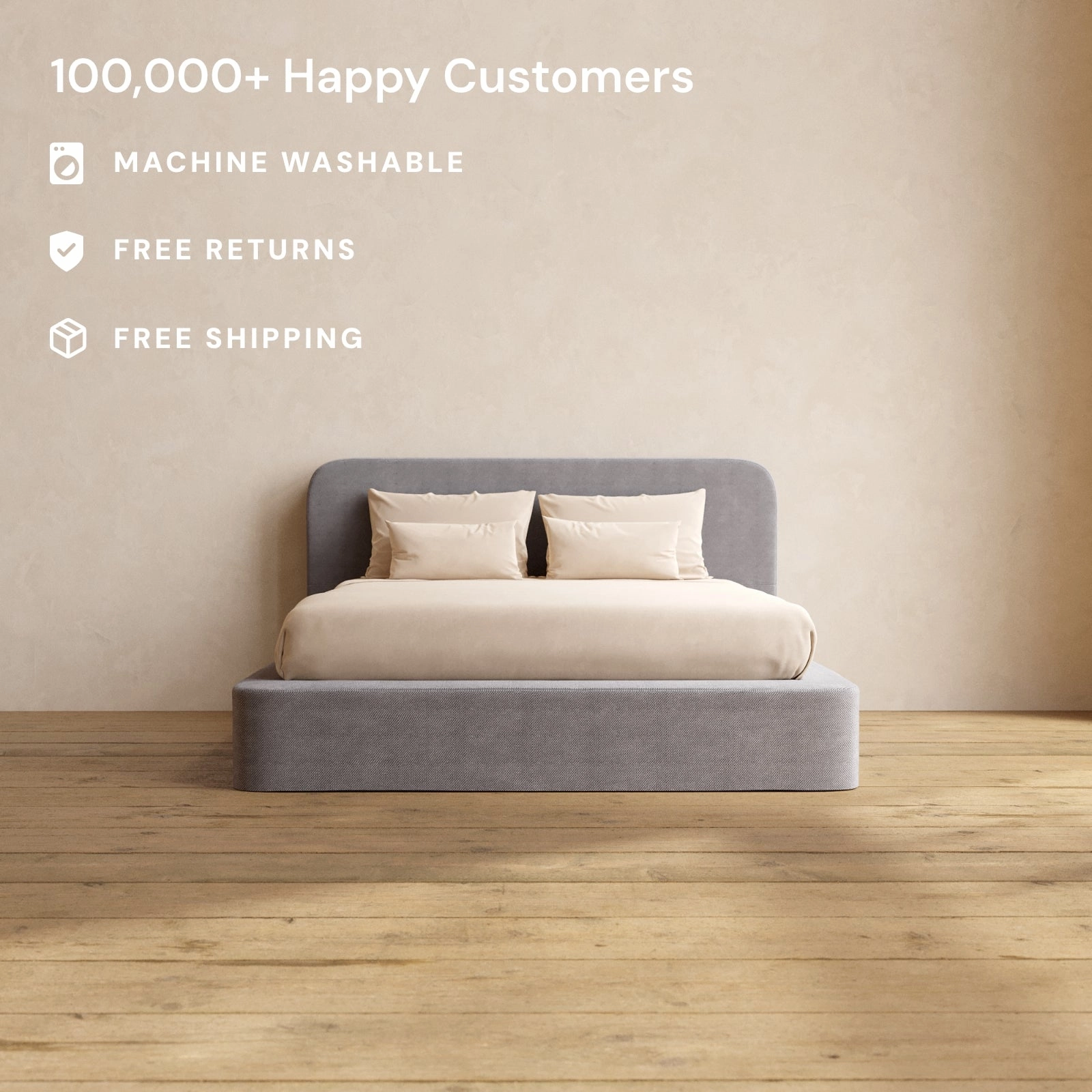 Queen Upholstered Platform Bed   Headboard | Plush Weave in Ash