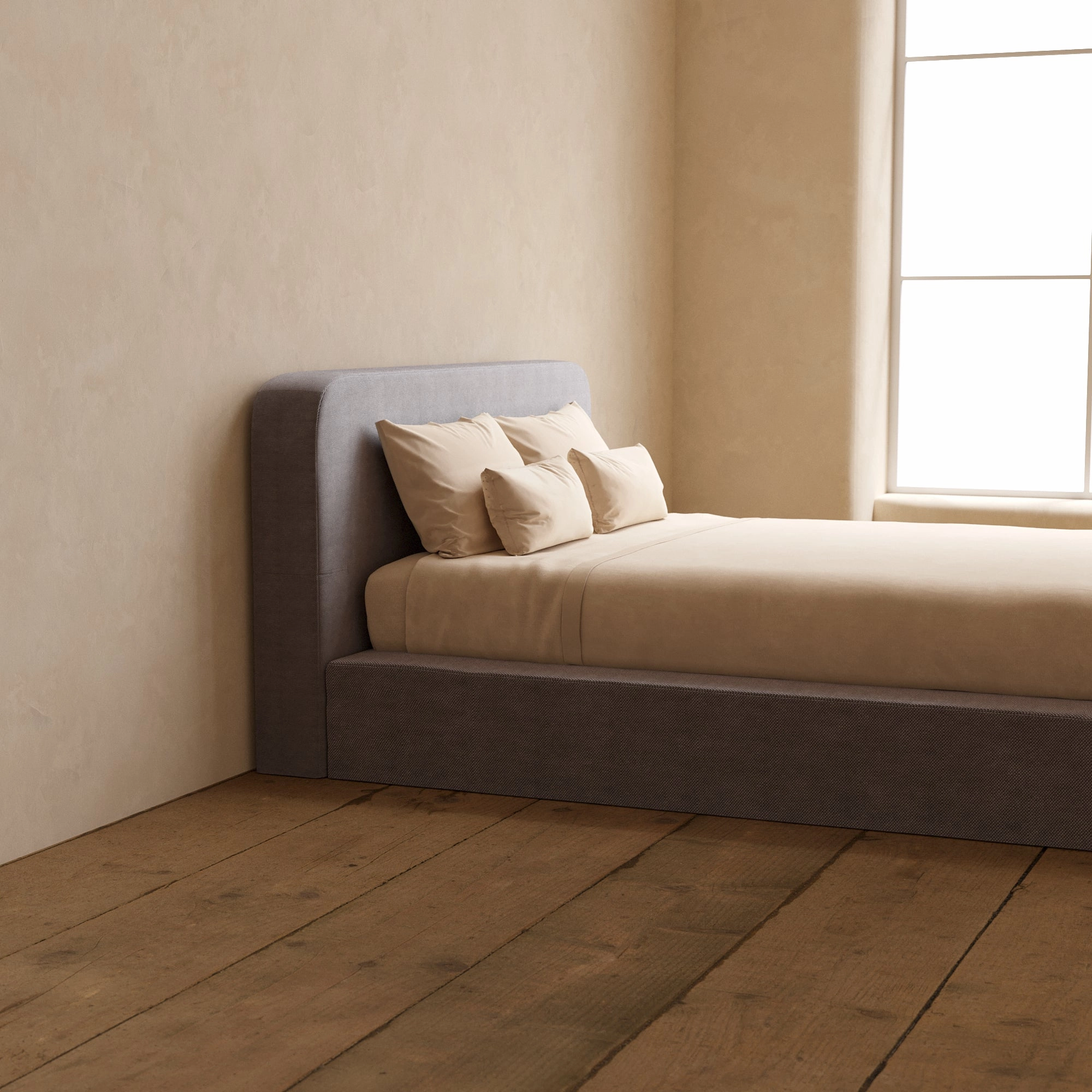 Queen Upholstered Platform Bed   Headboard | Plush Weave in Ash
