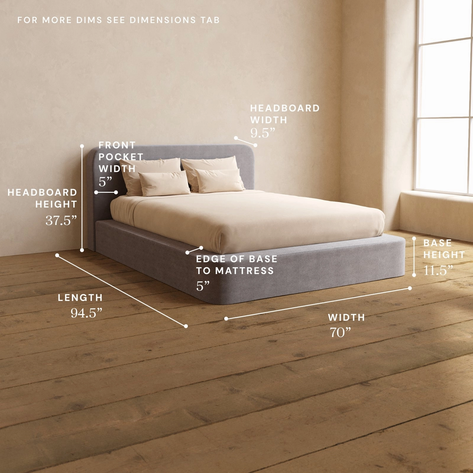 Queen Upholstered Platform Bed   Headboard | Plush Weave in Ash