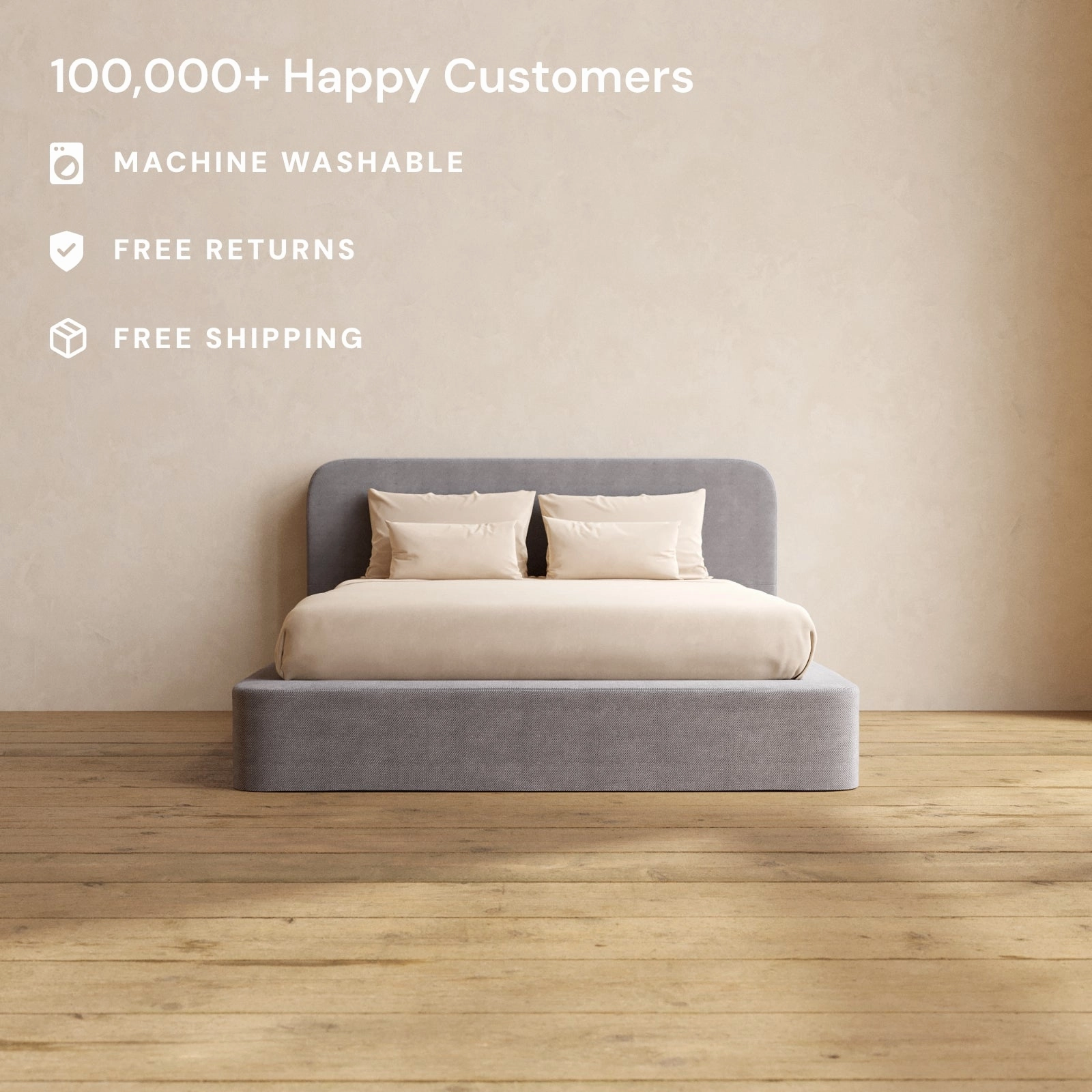 Queen Upholstered Platform Bed   Headboard | Plush Weave in Ash