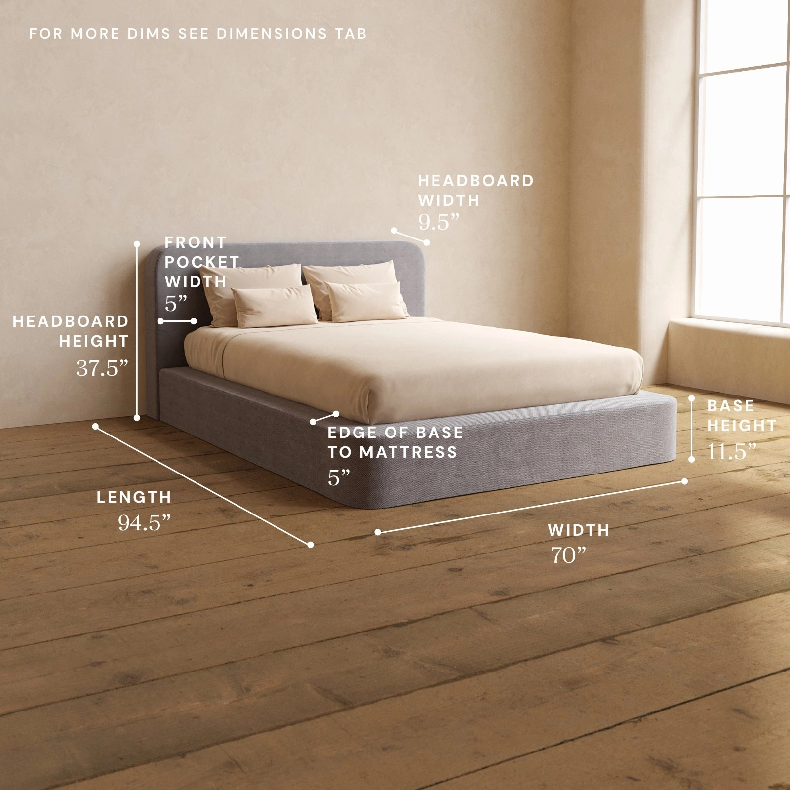 Queen Upholstered Platform Bed   Headboard | Plush Weave in Ash