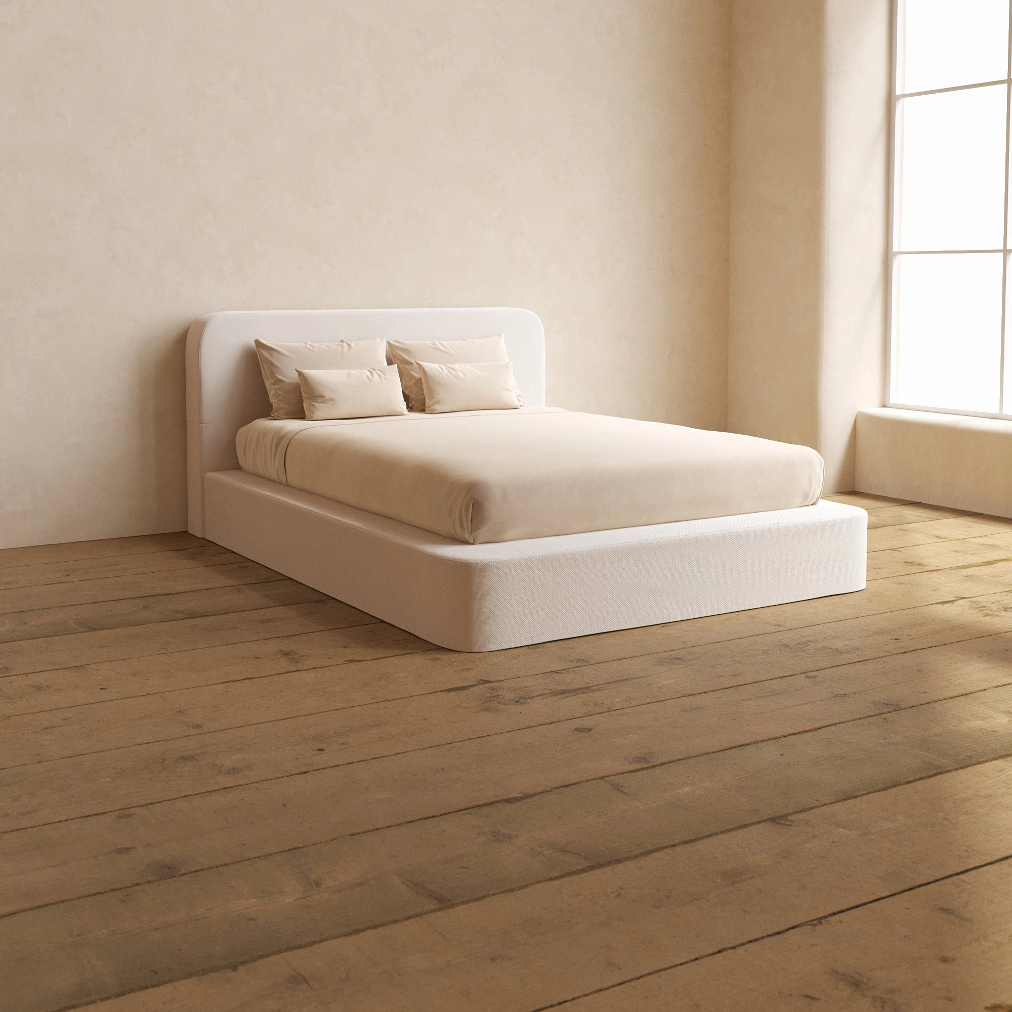 Queen Upholstered Platform Bed   Headboard | Plush Weave in Eggshell