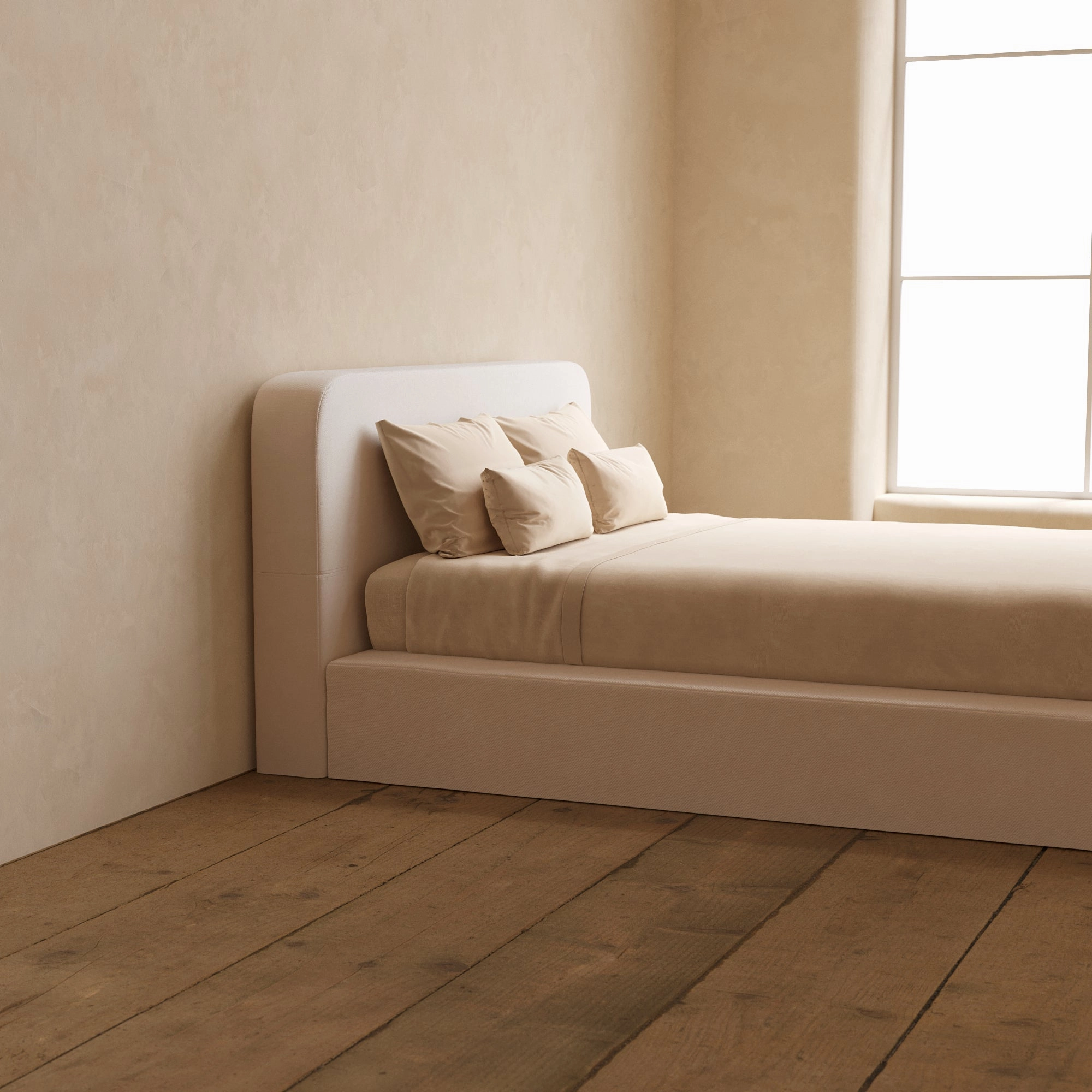 Queen Upholstered Platform Bed   Headboard | Plush Weave in Eggshell