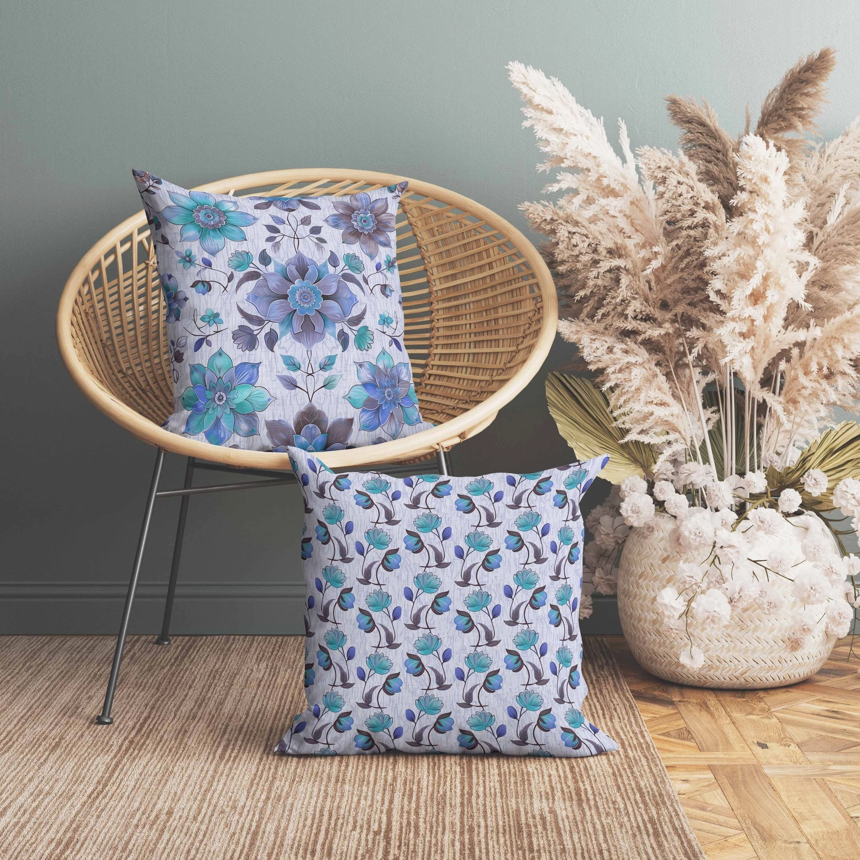 Retro Floral Faux Suede Reversible Throw Pillow Blue and Violet