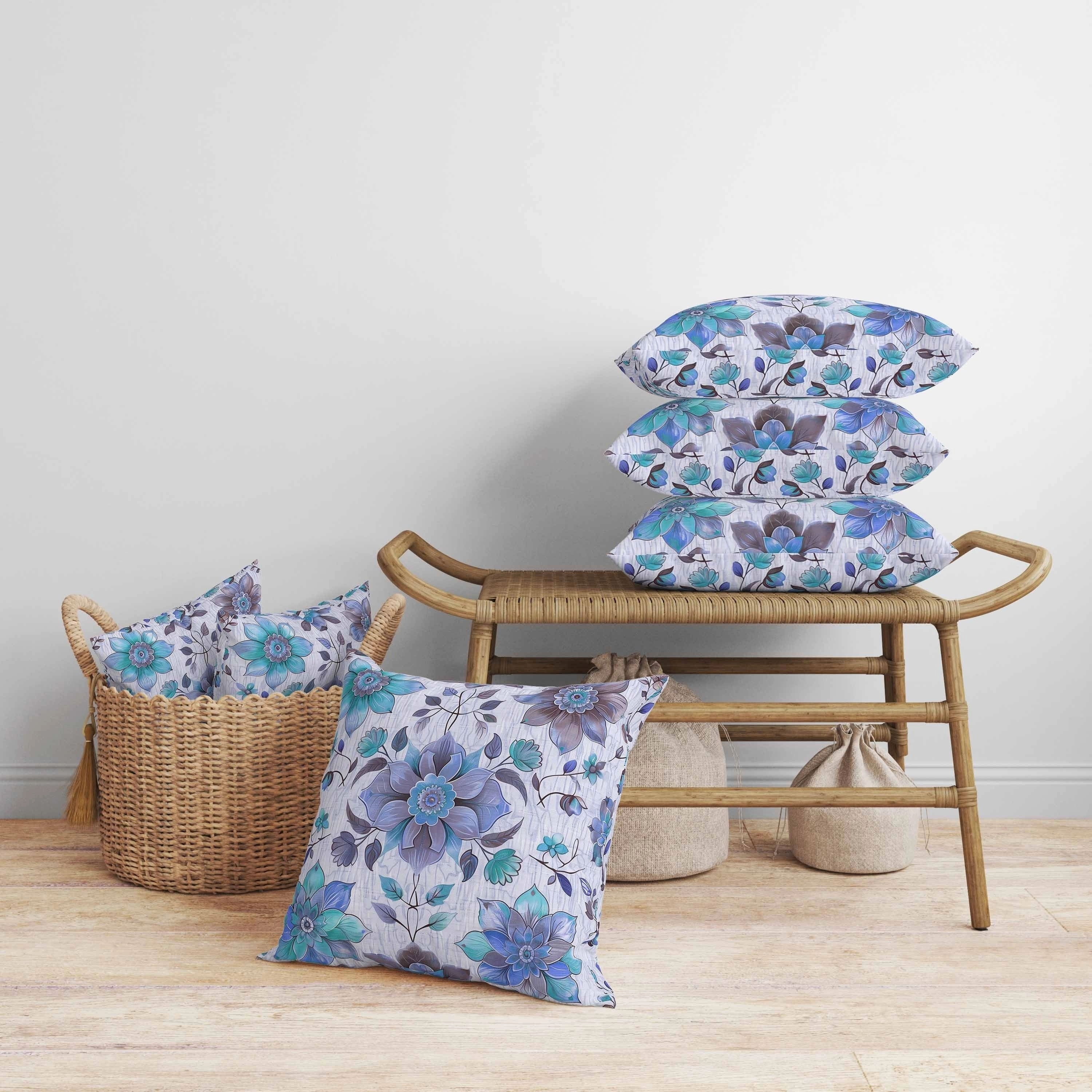 Retro Floral Faux Suede Reversible Throw Pillow Blue and Violet