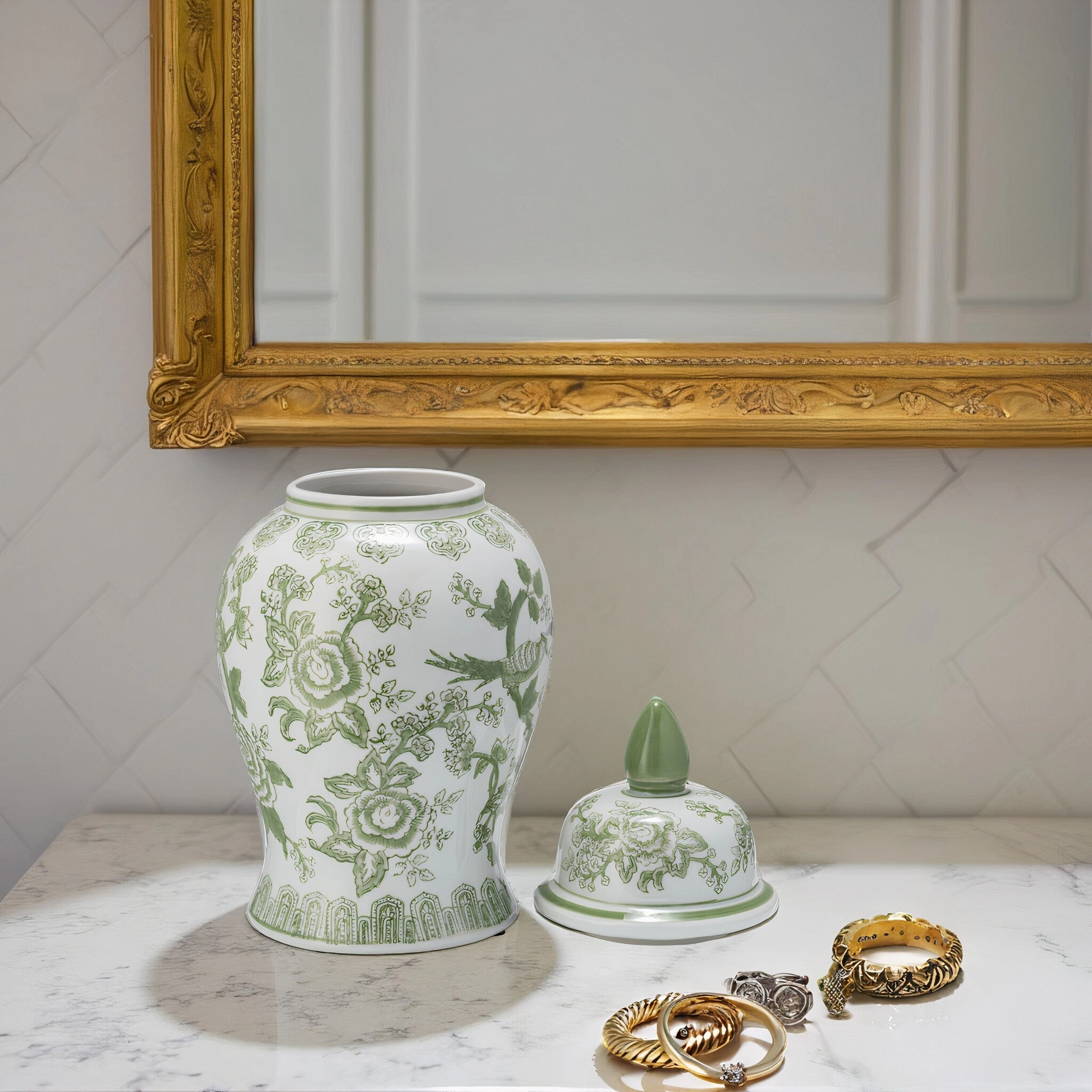 Sagebrook Home Chinoiserie Stoneware Ceramic Jar with Lid - Ornate Decorative Accent Piece