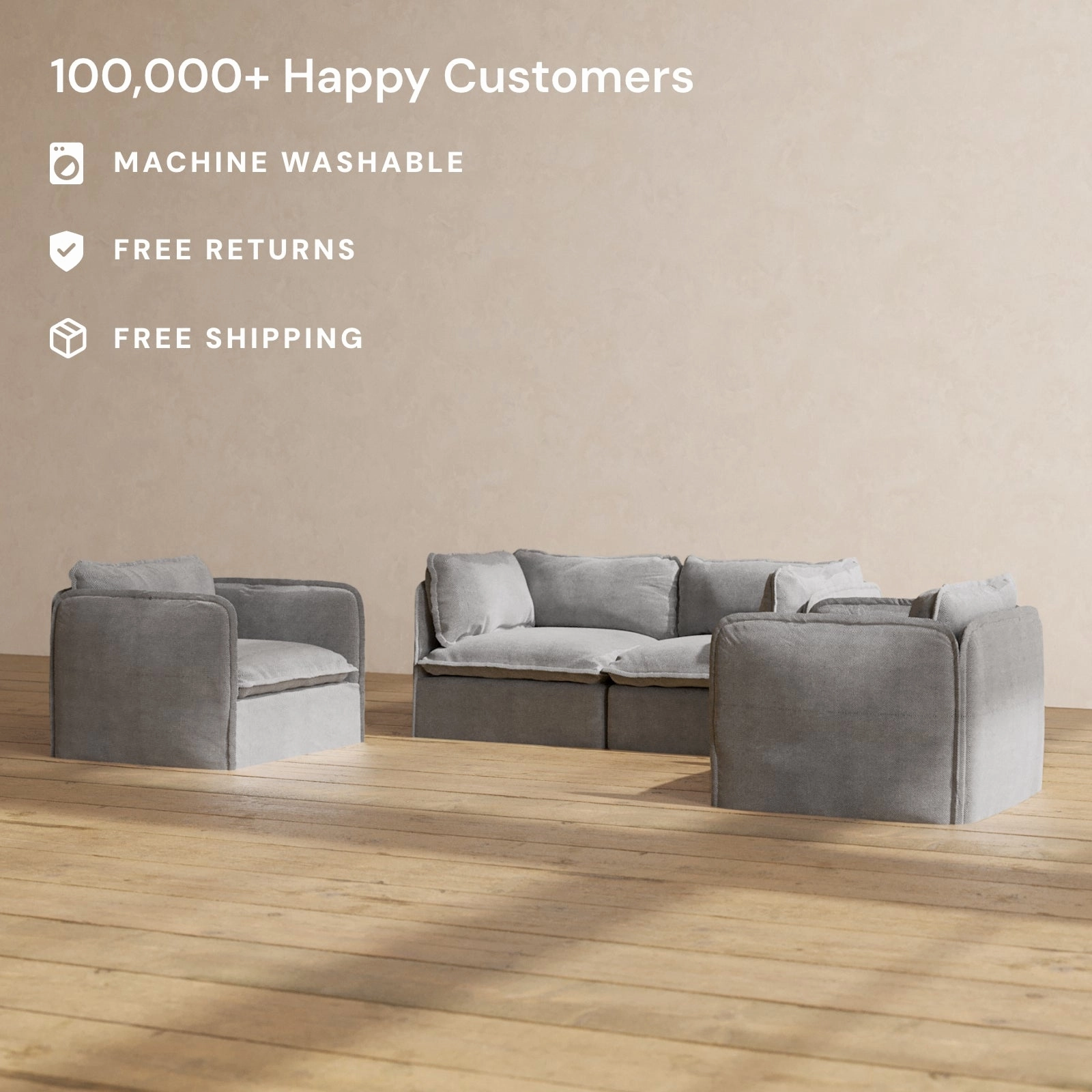 Slipcover Only - Modular Performance 2-Seater Sofa   Armchair Set | Plush Weave in Ash
