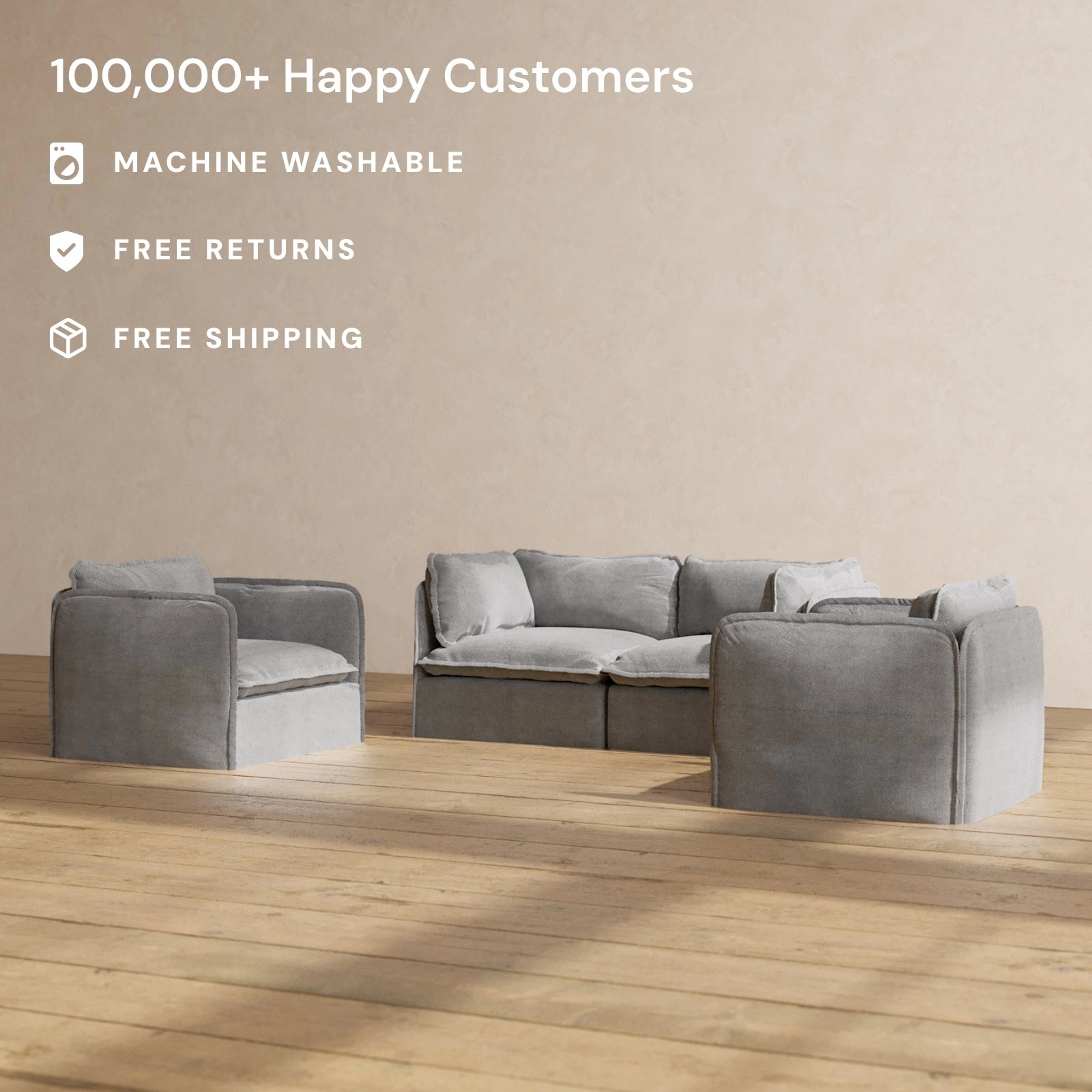 Slipcover Only - Modular Performance 2-Seater Sofa   Armchair Set | Plush Weave in Ash
