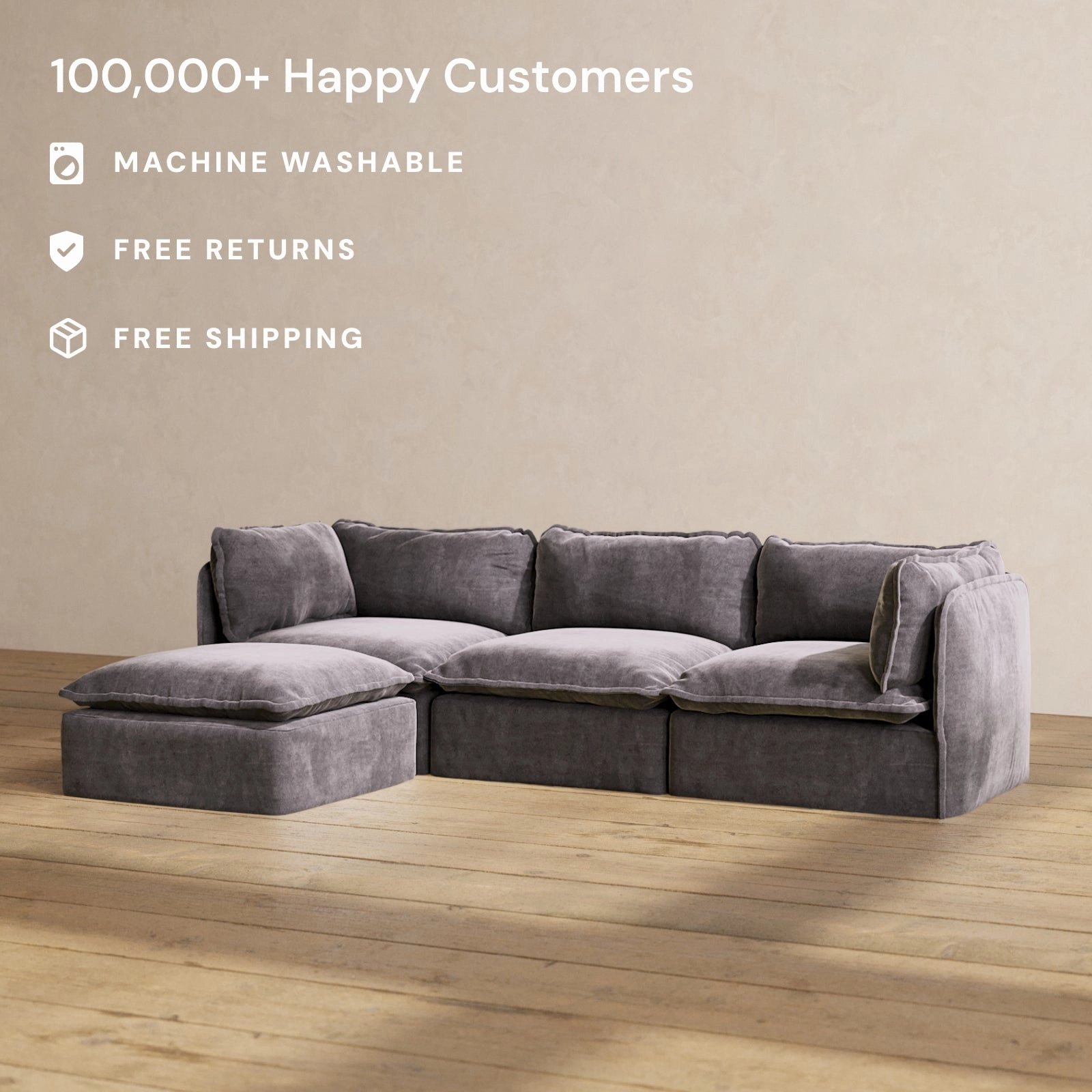 Slipcover Only - Modular Performance 3-Seater Sectional | Luxury Velvet in Cinder