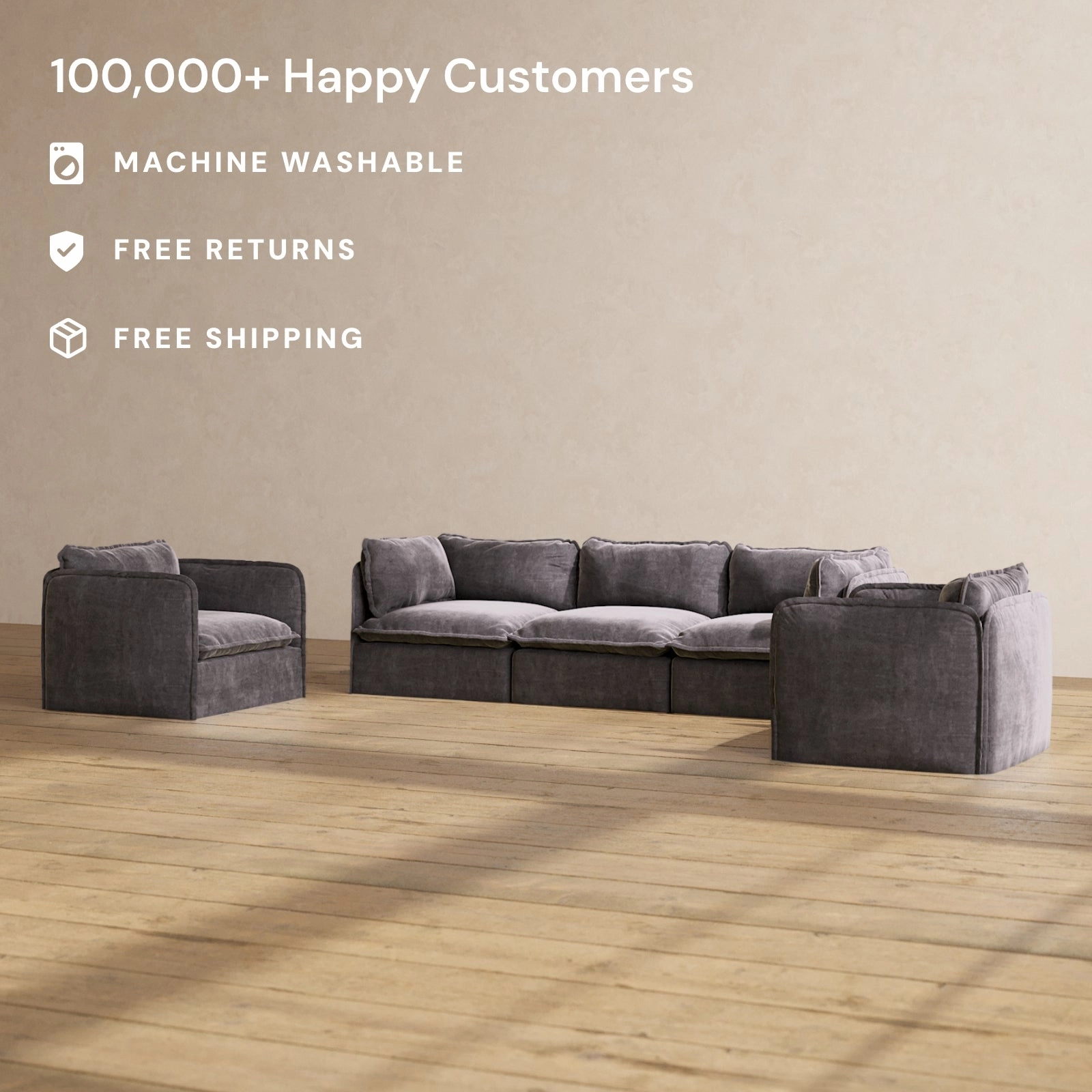Slipcover Only - Modular Performance 3-Seater Sofa   Armchair Set | Luxury Velvet in Cinder