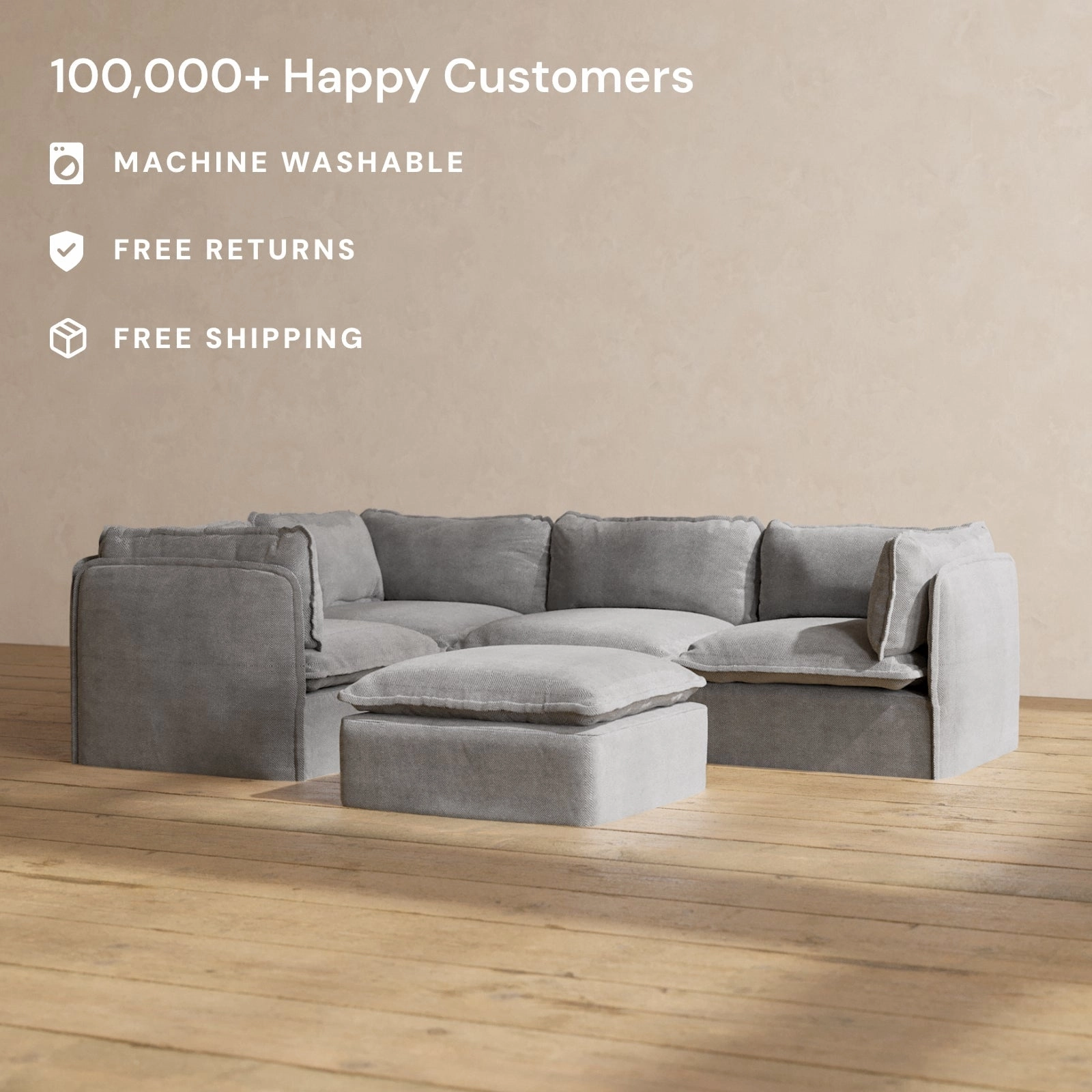 Slipcover Only - Modular Performance 4-Seater Corner Sectional   Ottoman | Plush Weave in Ash