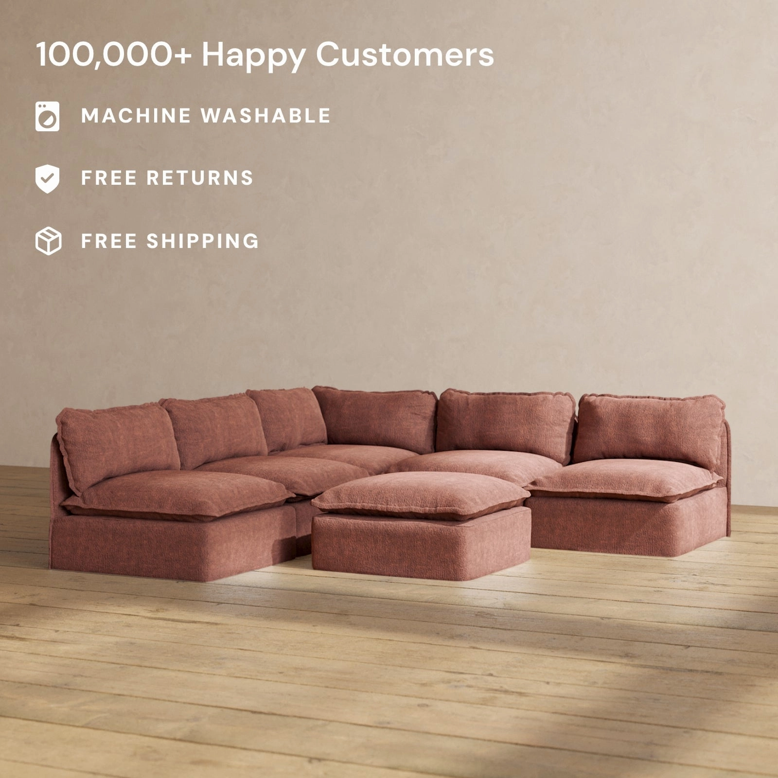 Slipcover Only - Modular Performance 5-Seater Open-Ends Corner Sectional   Ottoman | Heirloom Velvet in Chestnut