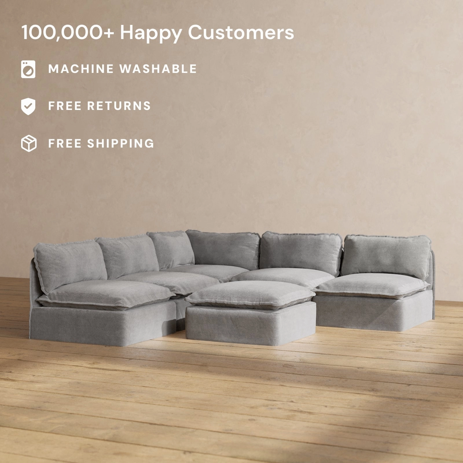 Slipcover Only - Modular Performance 5-Seater Open-Ends Corner Sectional   Ottoman | Plush Weave in Ash