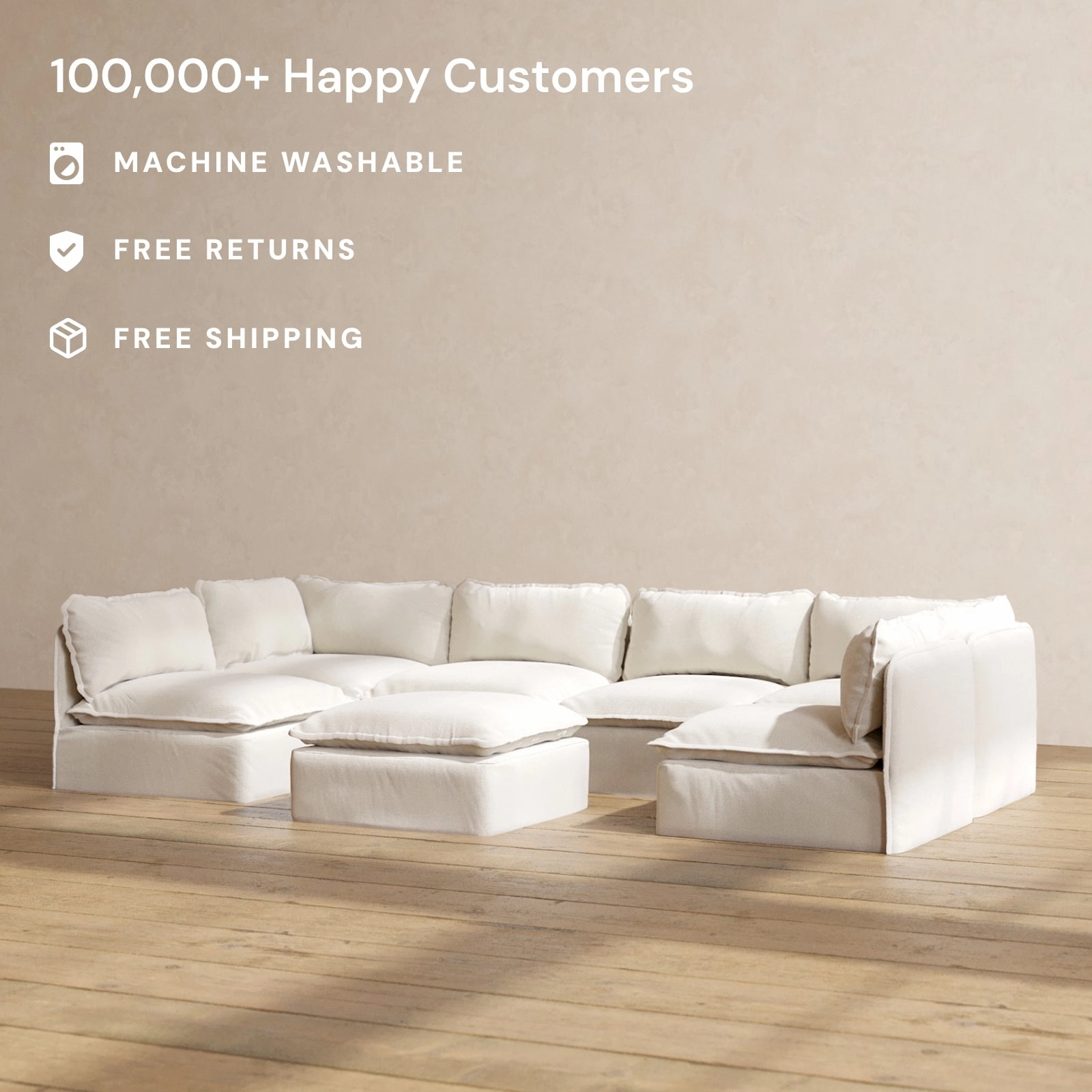 Slipcover Only - Modular Performance 6-Seater Open-Ends U-Sectional   Ottoman | Blended Weave in Flour
