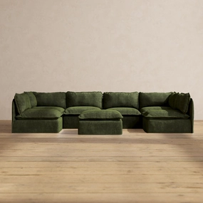 Slipcover Only - Modular Performance 6-Seater Open-Ends U-Sectional   Ottoman | Luxury Velvet in Olive