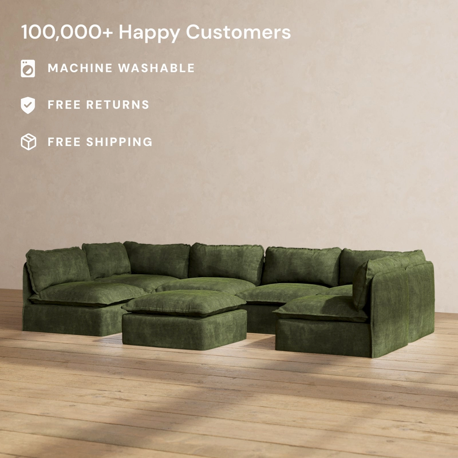 Slipcover Only - Modular Performance 6-Seater Open-Ends U-Sectional   Ottoman | Luxury Velvet in Olive