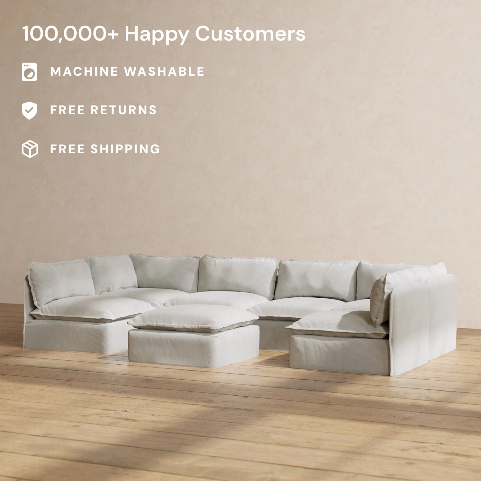Slipcover Only - Modular Performance 6-Seater Open-Ends U-Sectional   Ottoman | Plush Weave in Cloud
