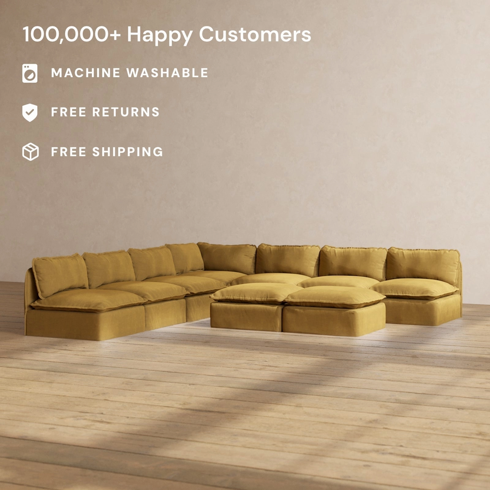 Slipcover Only - Modular Performance 7-Seater Open-Ends Corner Sectional   Bench Ottoman | Luxury Velvet in Toffee