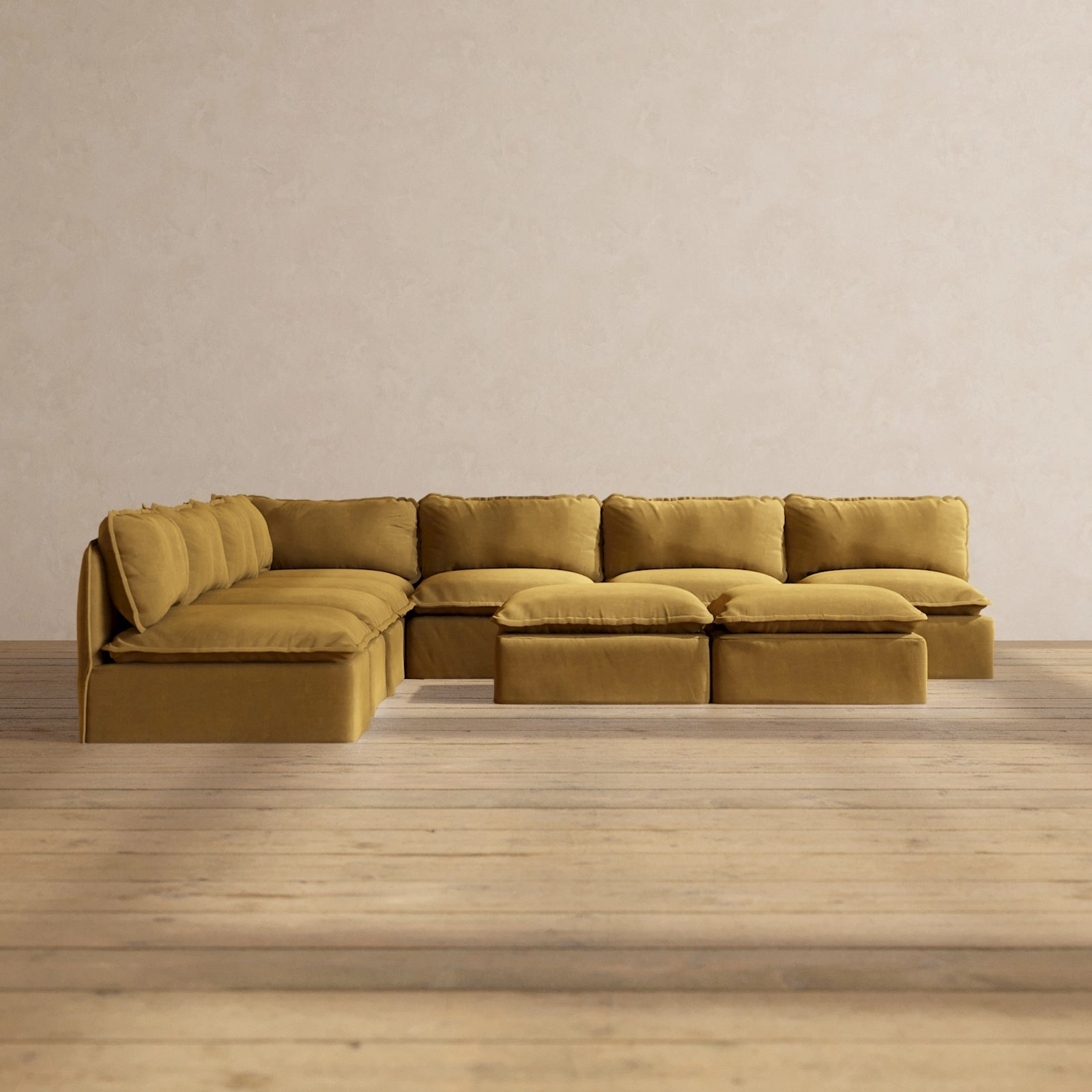 Slipcover Only - Modular Performance 7-Seater Open-Ends Corner Sectional   Bench Ottoman | Luxury Velvet in Toffee