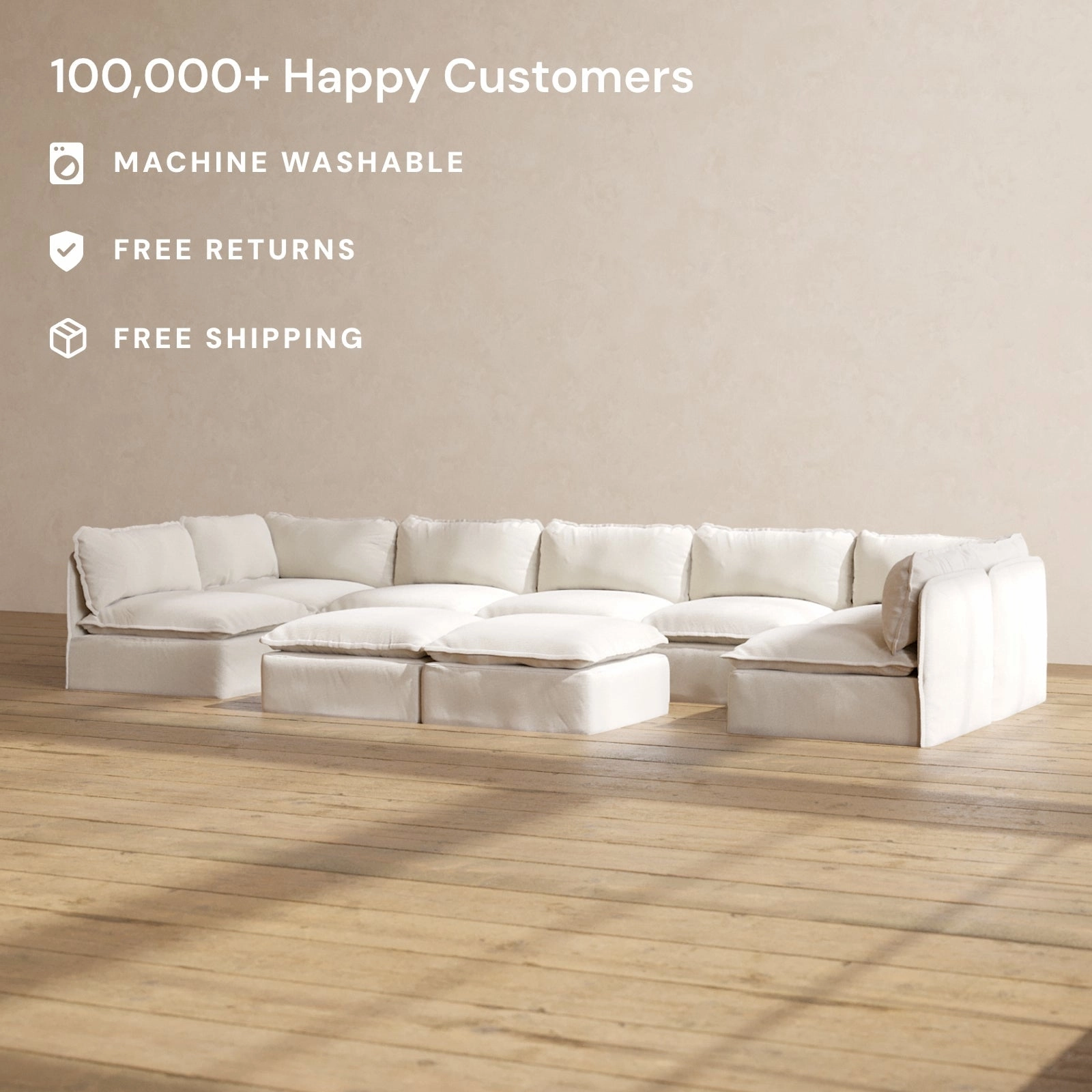 Slipcover Only - Modular Performance 7-Seater Open-Ends U-Sectional   Bench Ottoman | Blended Weave in Flour