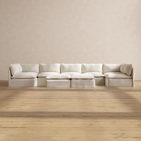 Slipcover Only - Modular Performance 7-Seater Open-Ends U-Sectional   Bench Ottoman | Blended Weave in Flour