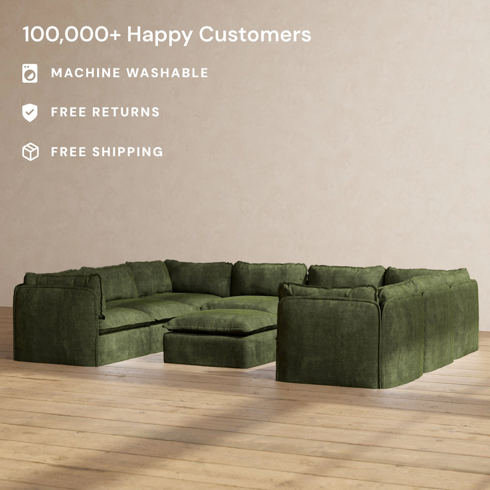 Slipcover Only - Modular Performance 8-Seater U-Sectional   Ottoman | Luxury Velvet in Olive