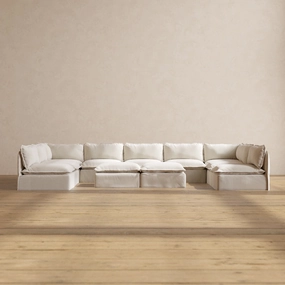 Slipcover Only - Modular Performance 9-Seater Open-Ends U-Sectional   Bench Ottoman | Blended Weave in Flour