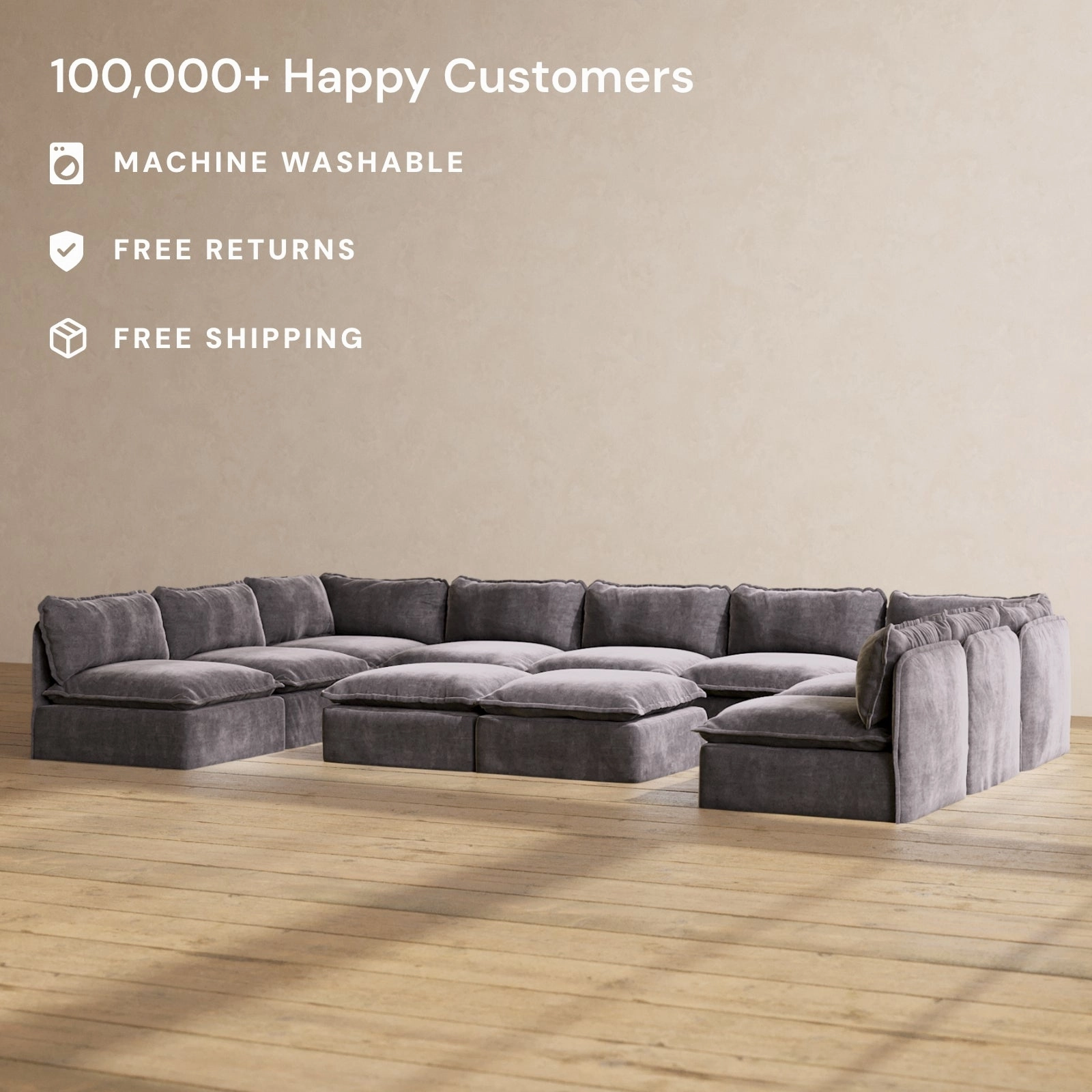 Slipcover Only - Modular Performance 9-Seater Open-Ends U-Sectional   Bench Ottoman | Luxury Velvet in Cinder