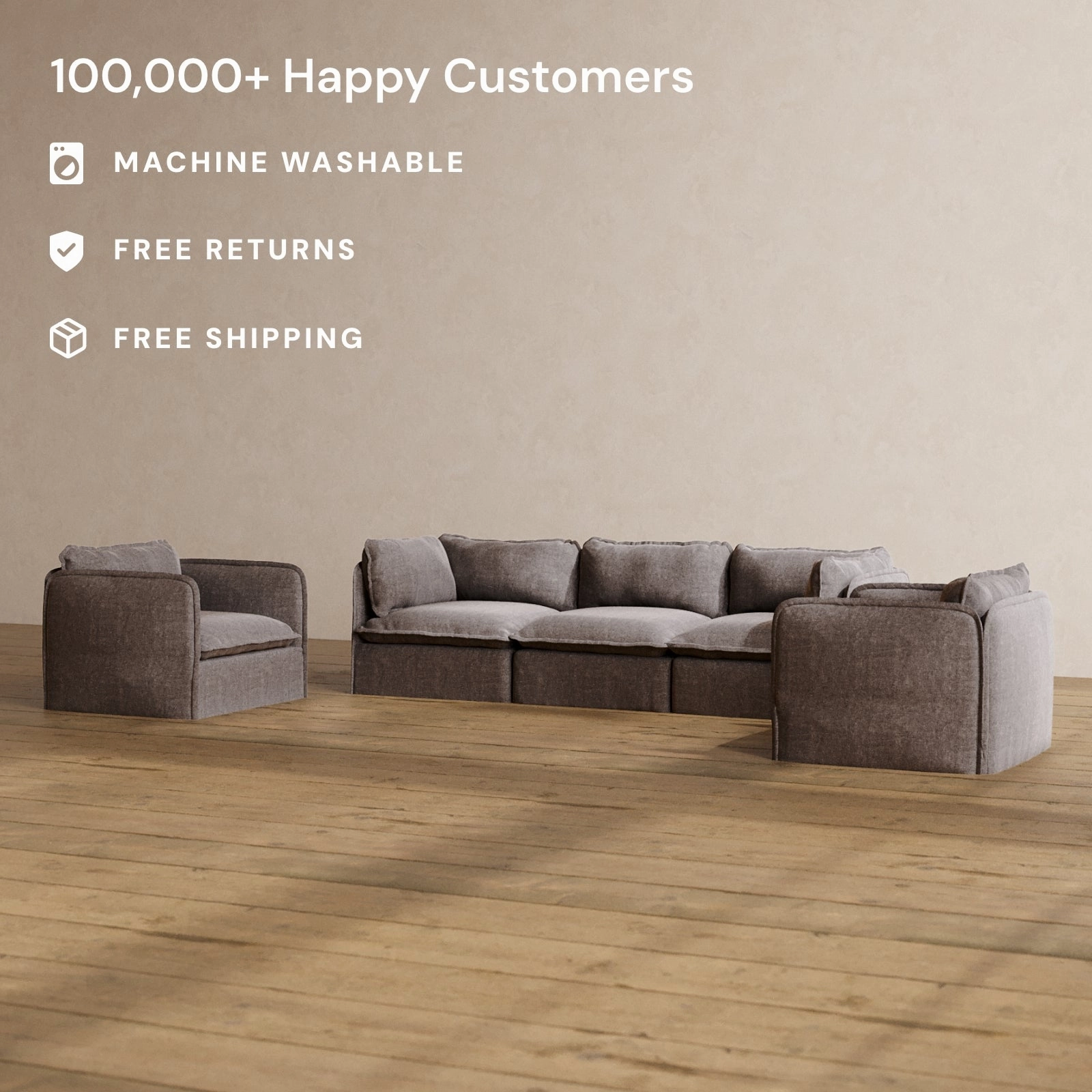 Slipcover Only - Modular Washable 3-Seater Sofa   Armchair Set in Caviar