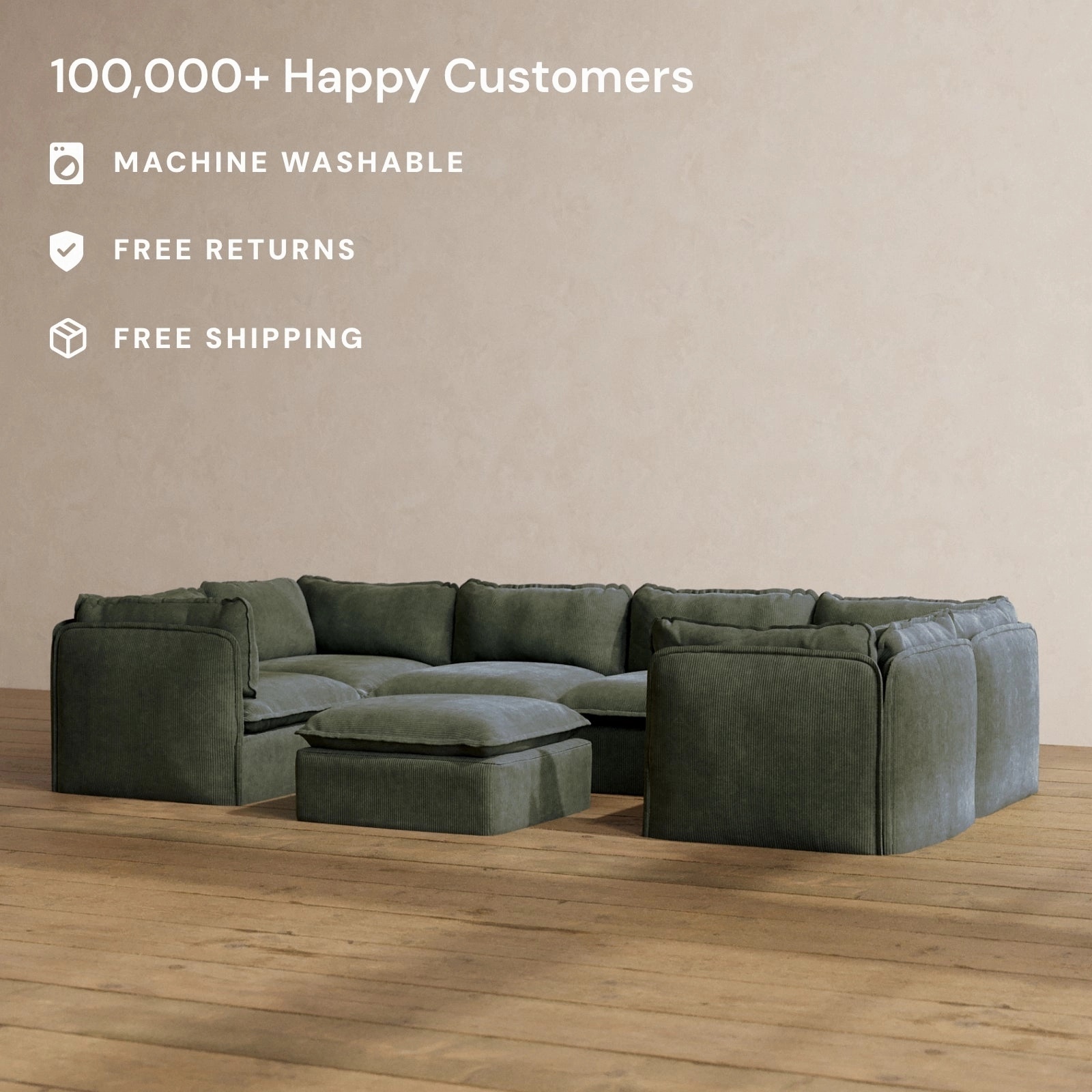 Slipcover Only - Modular Washable 6-Seater U-Sectional   Ottoman in Olivine