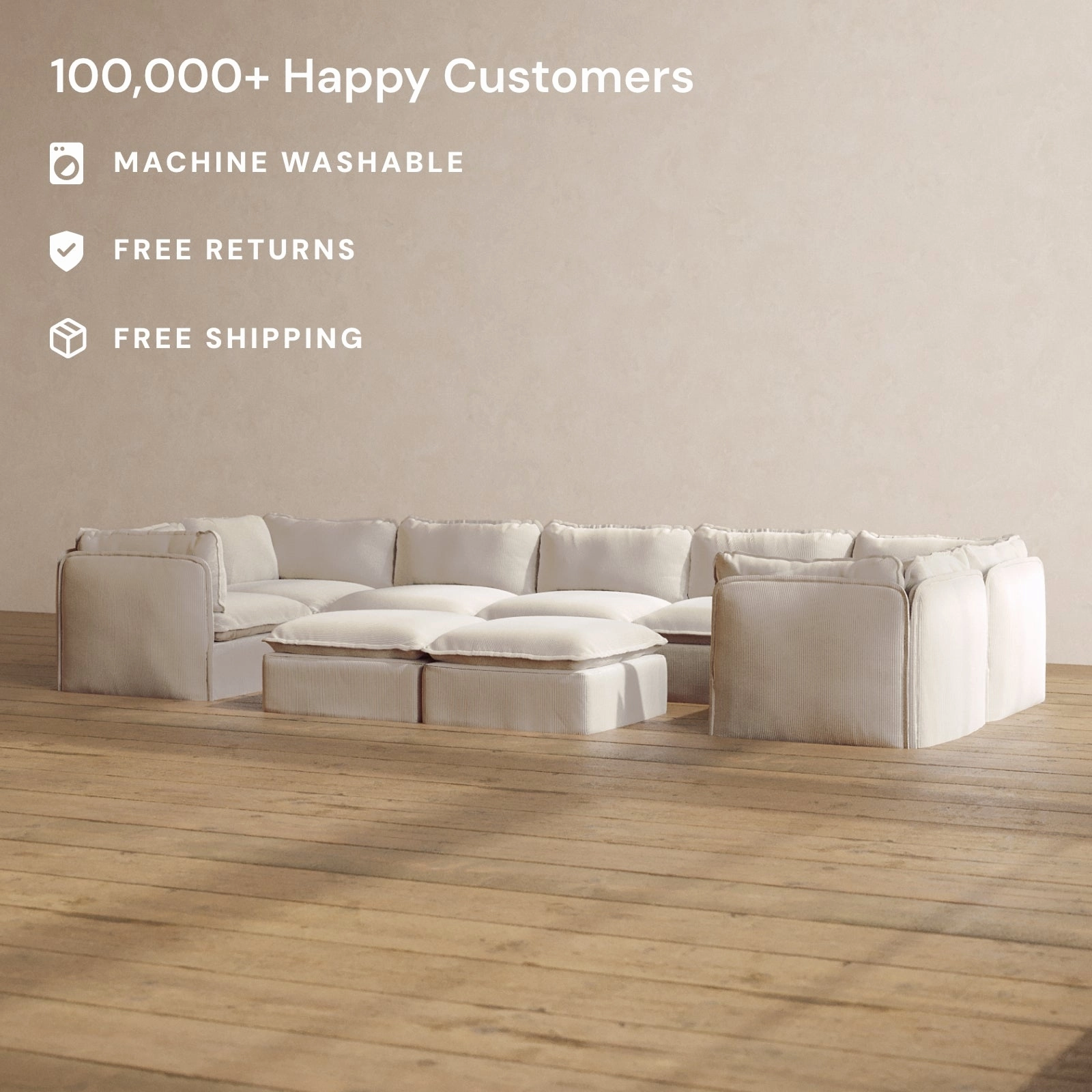 Slipcover Only - Modular Washable 7-Seater U-Sectional   Bench Ottoman in Milk