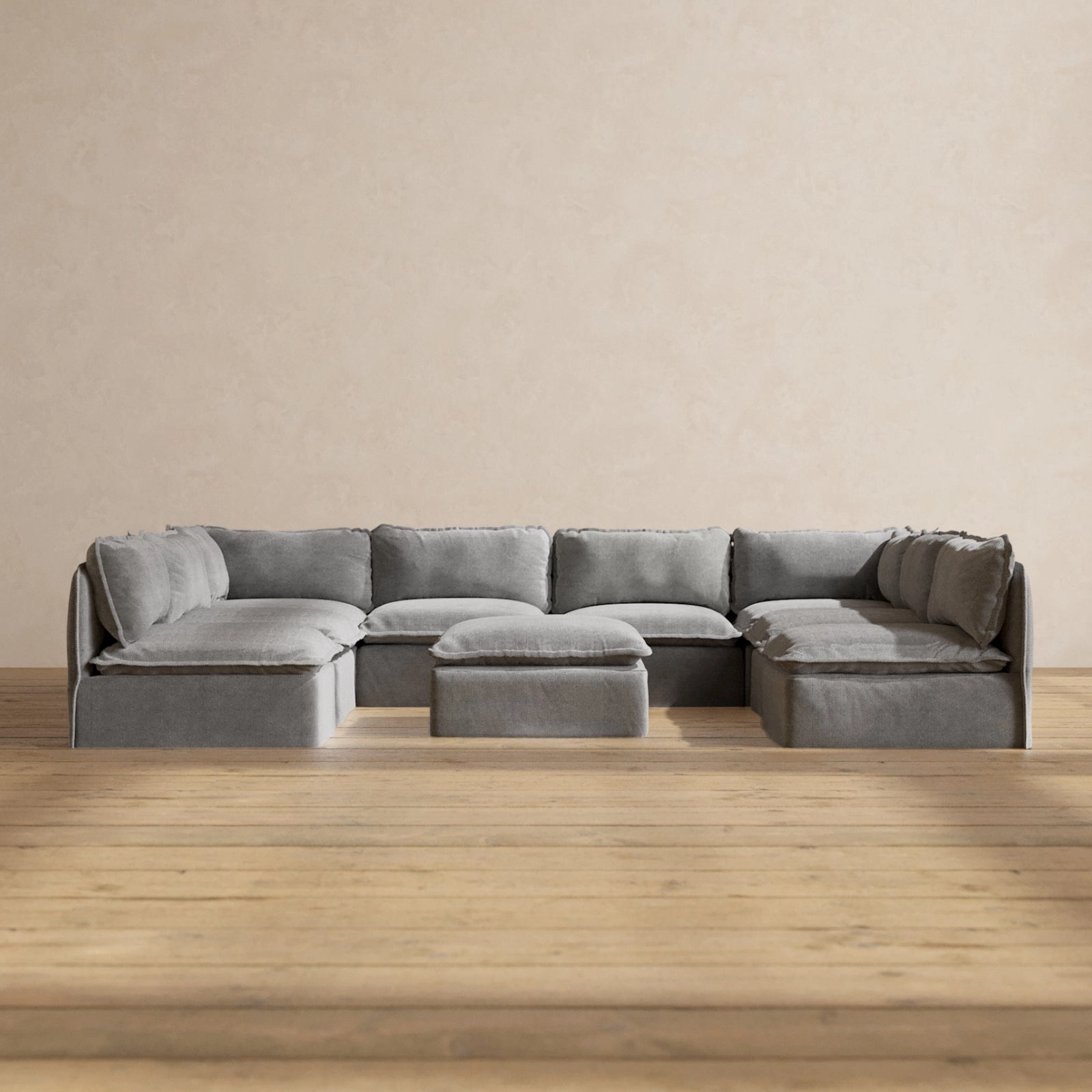 Slipcover Only - Modular Washable 8-Seater Open-Ends U-Sectional   Ottoman in Ash
