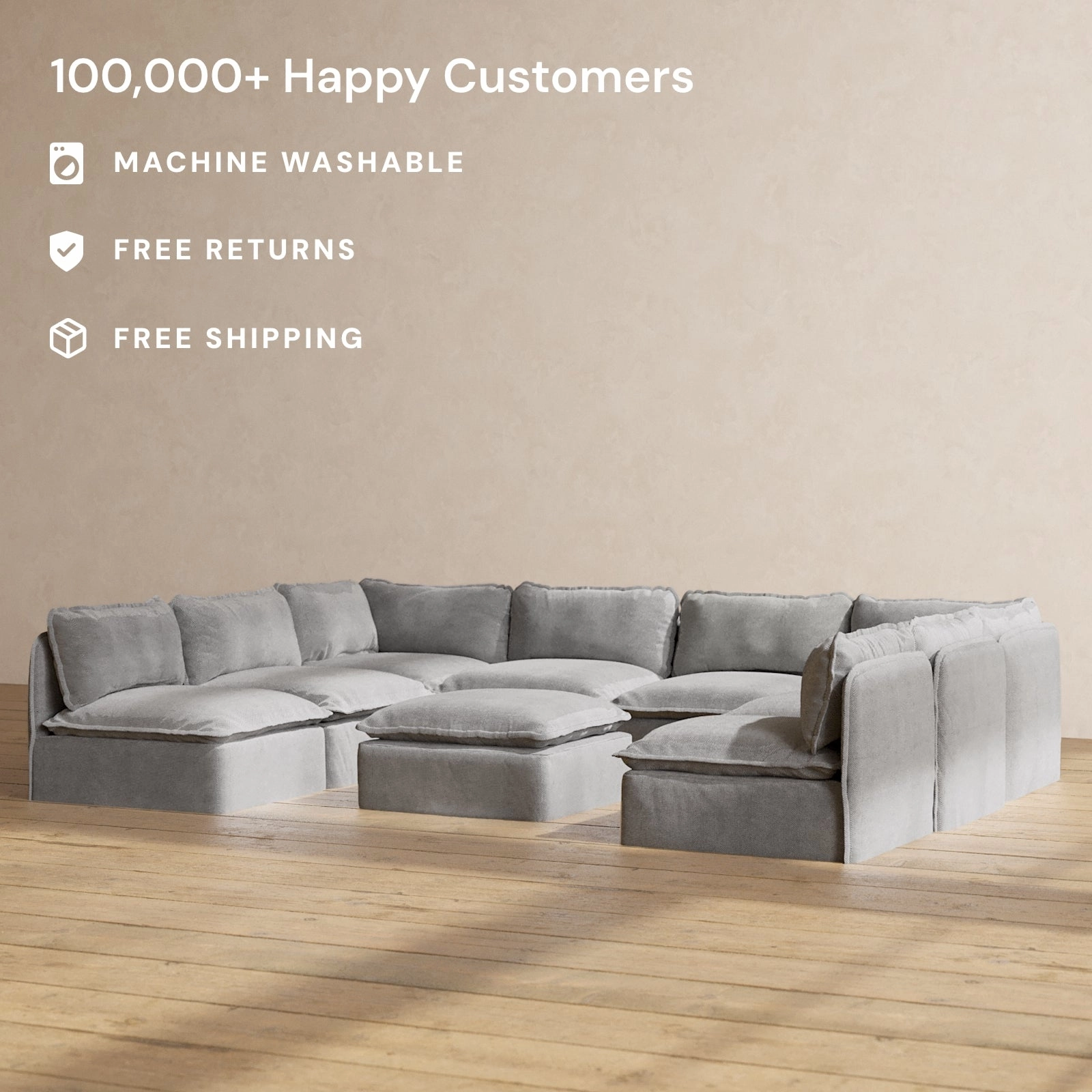 Slipcover Only - Modular Washable 8-Seater Open-Ends U-Sectional   Ottoman in Ash