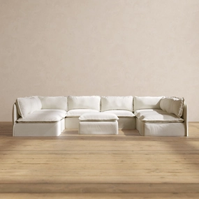 Slipcover Only - Modular Washable 8-Seater Open-Ends U-Sectional   Ottoman in Eggshell