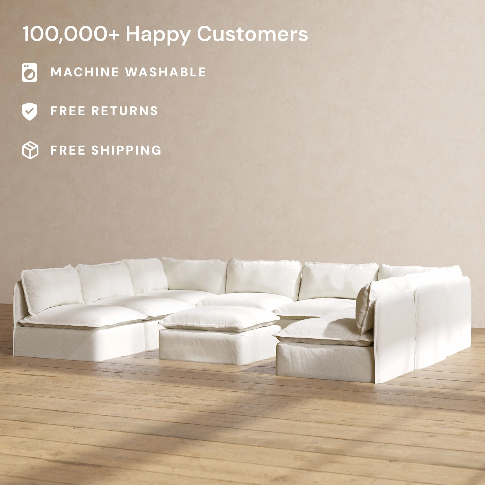 Slipcover Only - Modular Washable 8-Seater Open-Ends U-Sectional   Ottoman in Eggshell