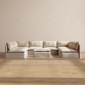Slipcover Only - Modular Washable 8-Seater Open-Ends U-Sectional   Ottoman in Oat