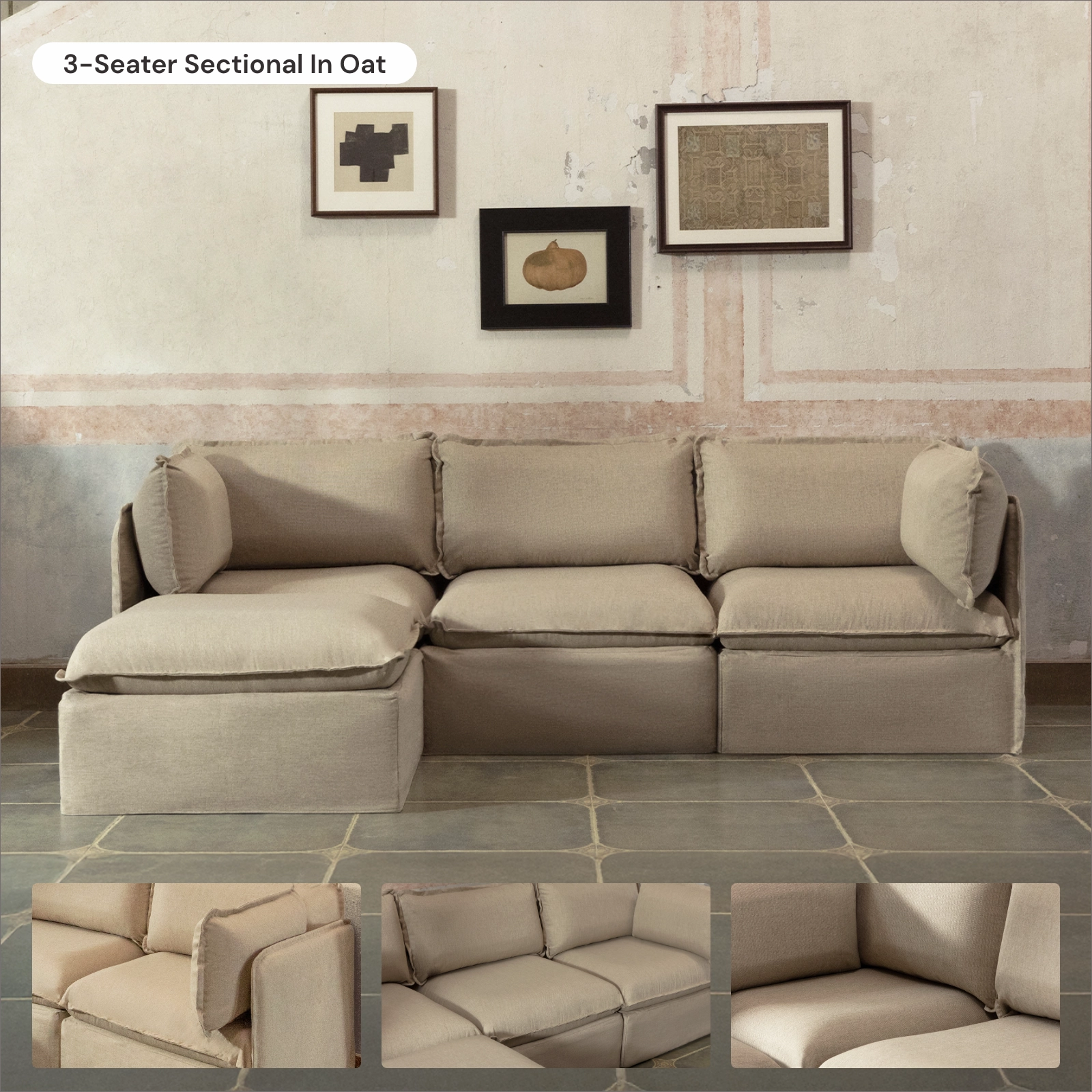 Slipcover Only - Modular Washable 8-Seater Open-Ends U-Sectional   Ottoman in Oat