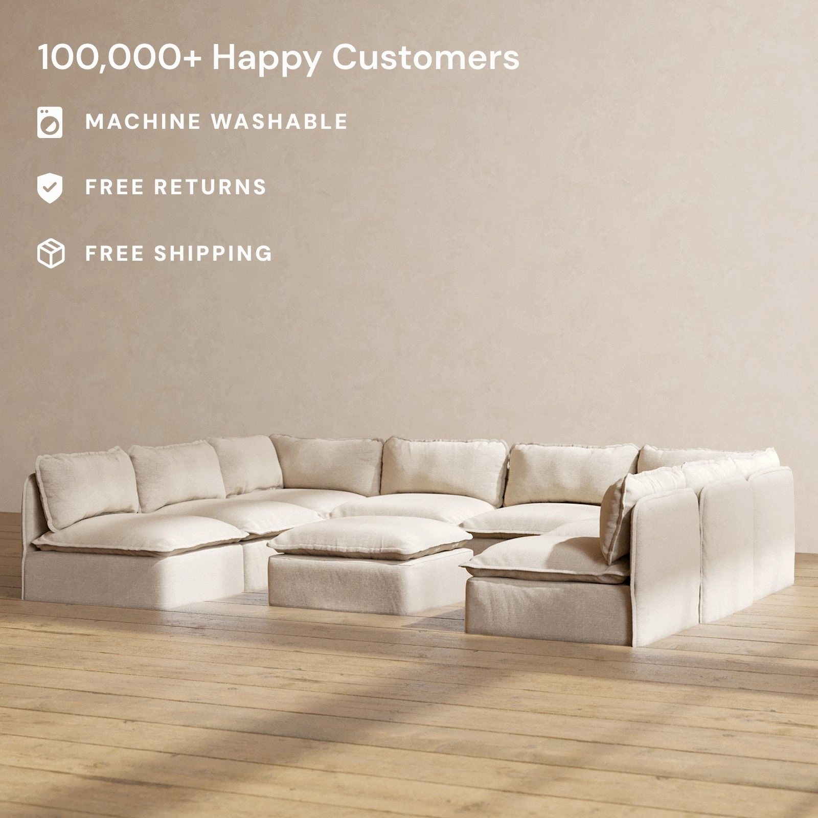 Slipcover Only - Modular Washable 8-Seater Open-Ends U-Sectional   Ottoman in Oat