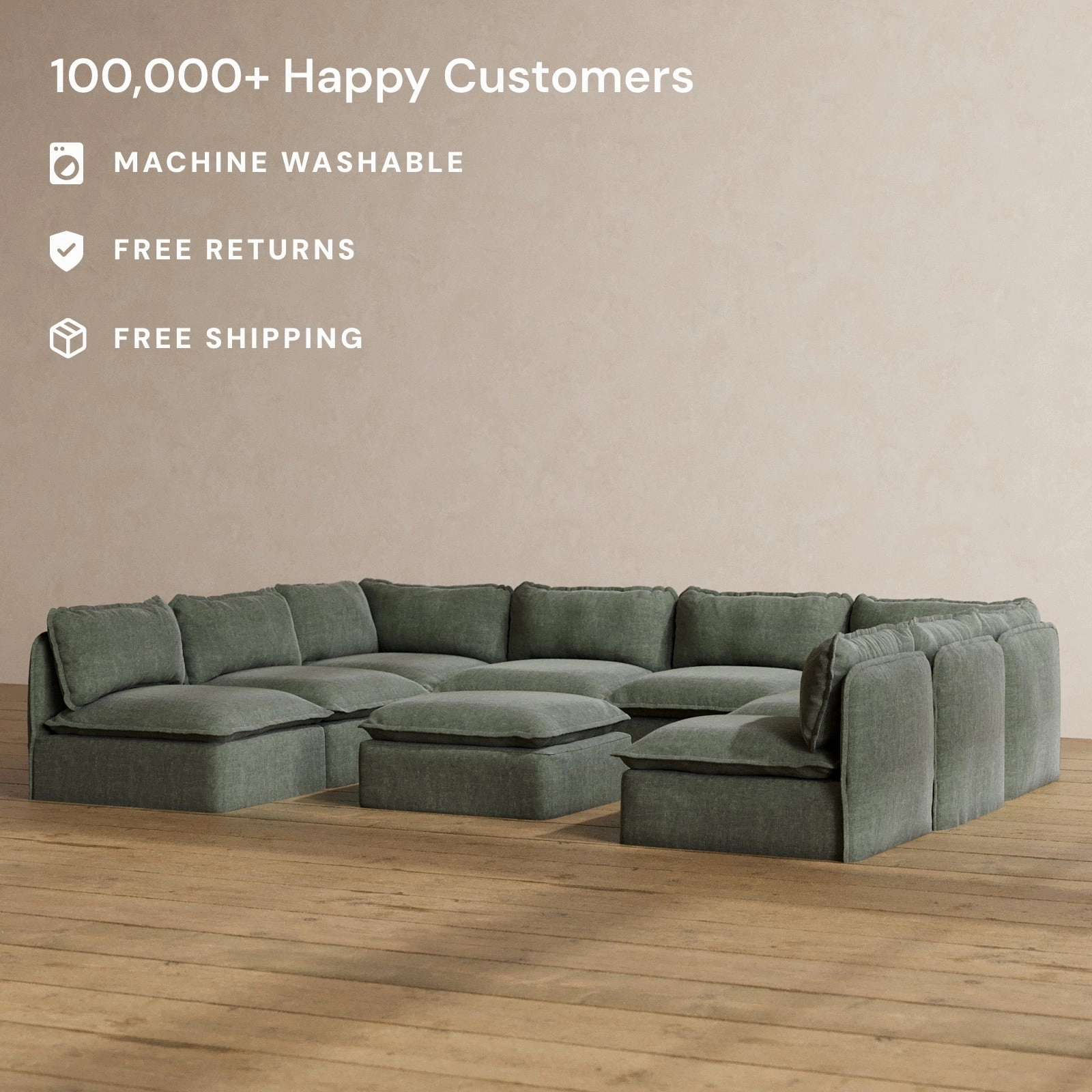 Slipcover Only - Modular Washable 8-Seater Open-Ends U-Sectional   Ottoman in Willow