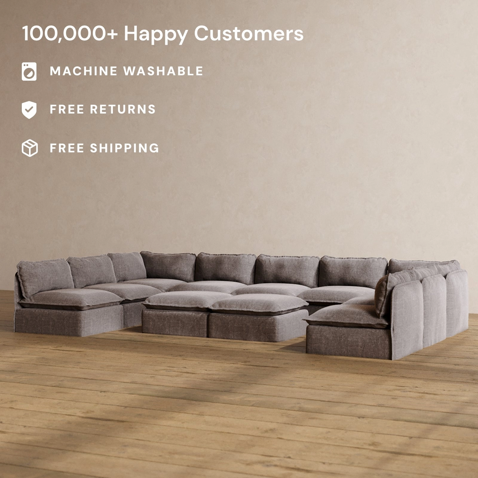 Slipcover Only - Modular Washable 9-Seater Open-Ends U-Sectional   Bench Ottoman in Caviar