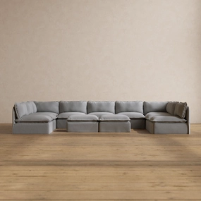 Slipcover Only - Modular Washable 9-Seater Open-Ends U-Sectional   Bench Ottoman in Pumice