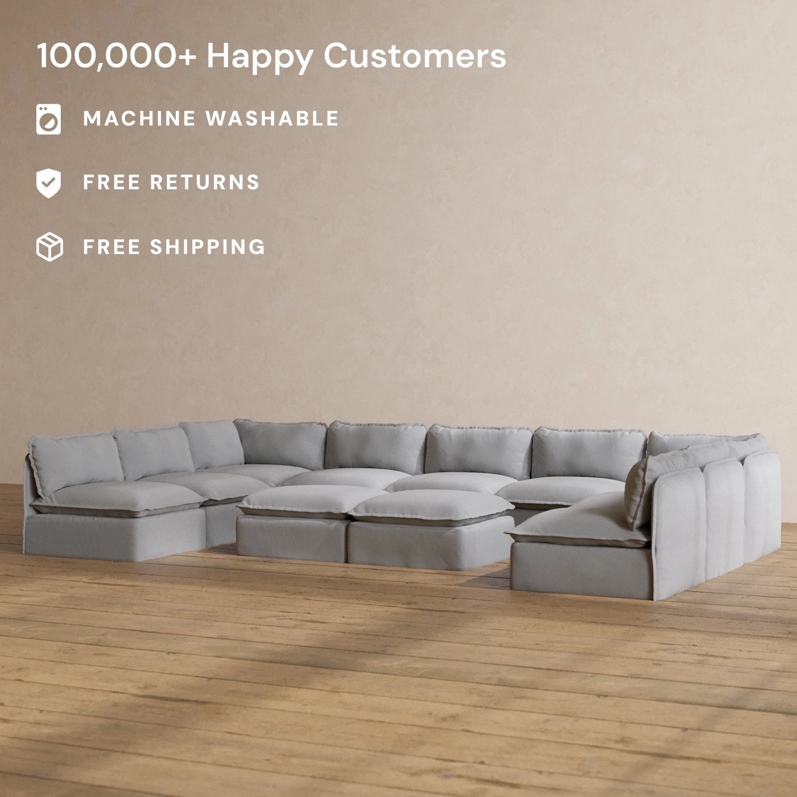Slipcover Only - Modular Washable 9-Seater Open-Ends U-Sectional   Bench Ottoman in Pumice