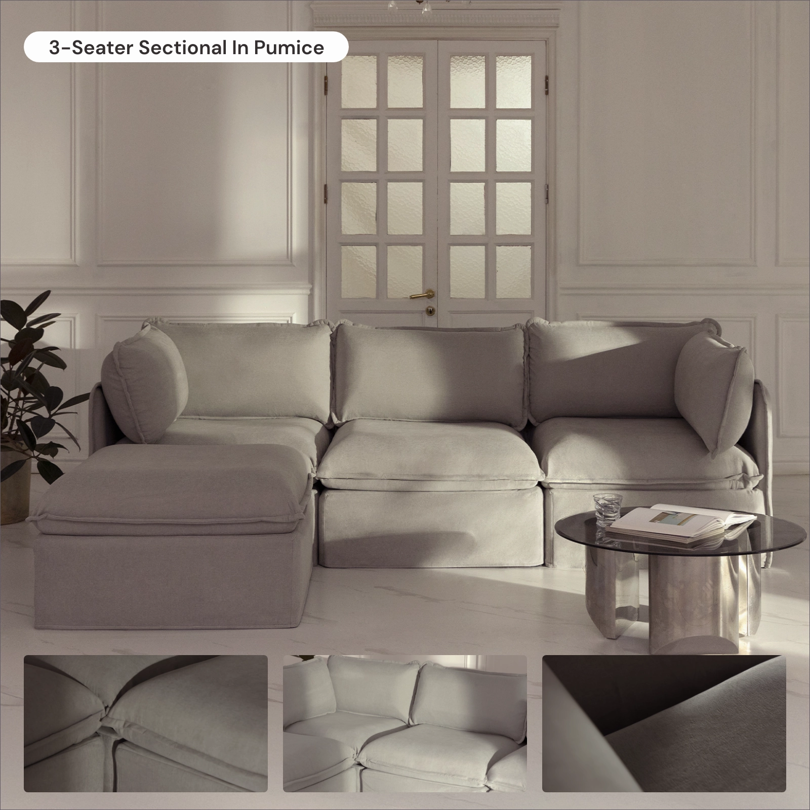 Slipcover Only - Modular Washable 9-Seater Open-Ends U-Sectional   Bench Ottoman in Pumice