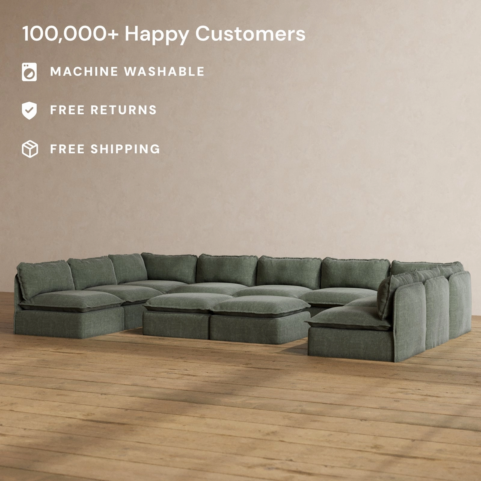 Slipcover Only - Modular Washable 9-Seater Open-Ends U-Sectional   Bench Ottoman in Willow