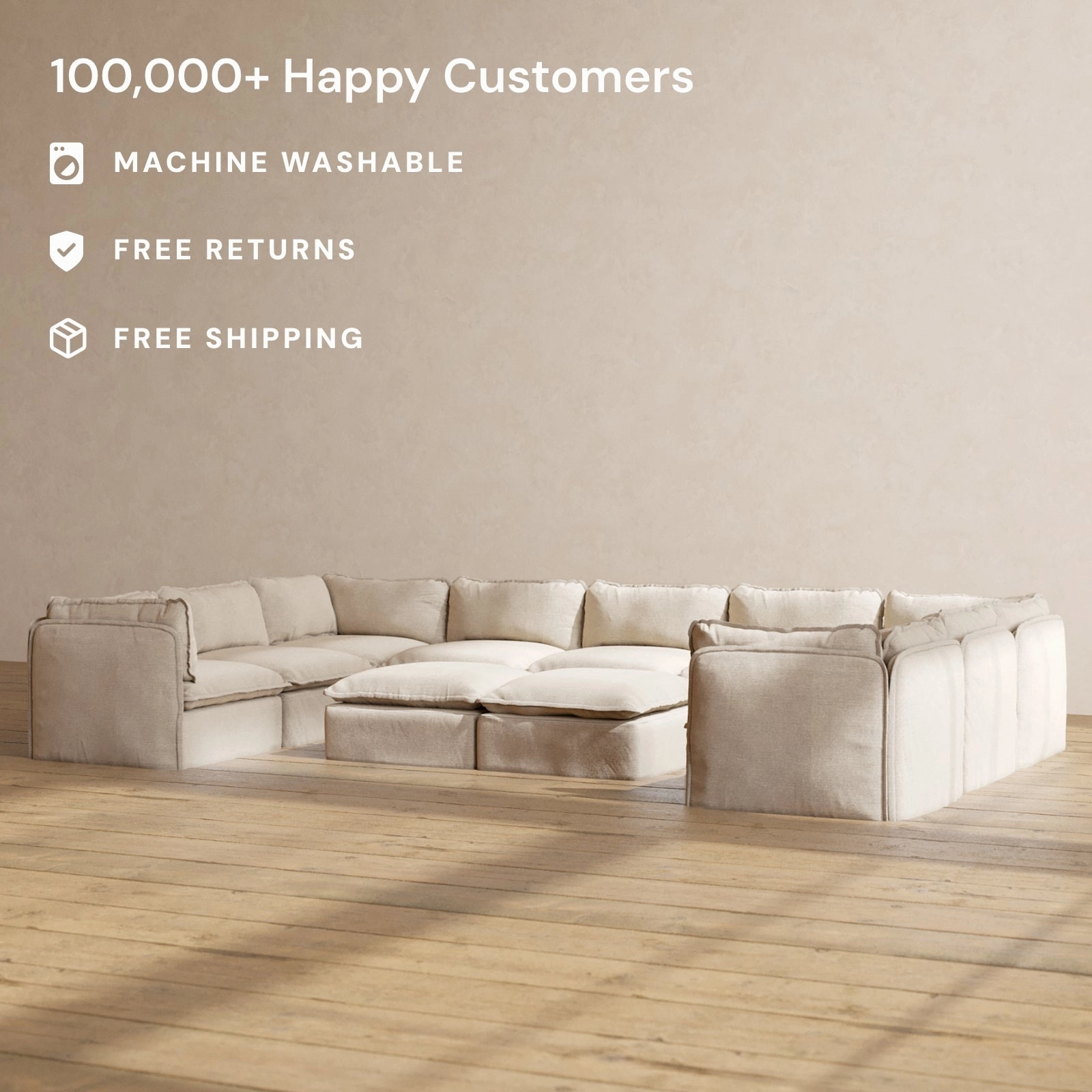 Slipcover Only - Modular Washable 9-Seater U-Sectional   Bench Ottoman in Oat