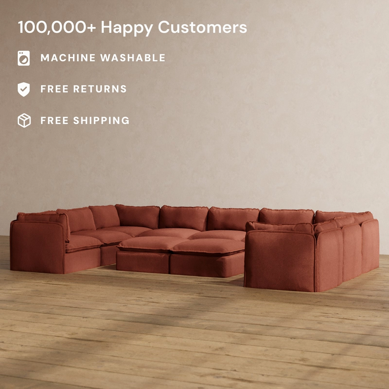 Slipcover Only - Modular Washable 9-Seater U-Sectional   Bench Ottoman in Rust