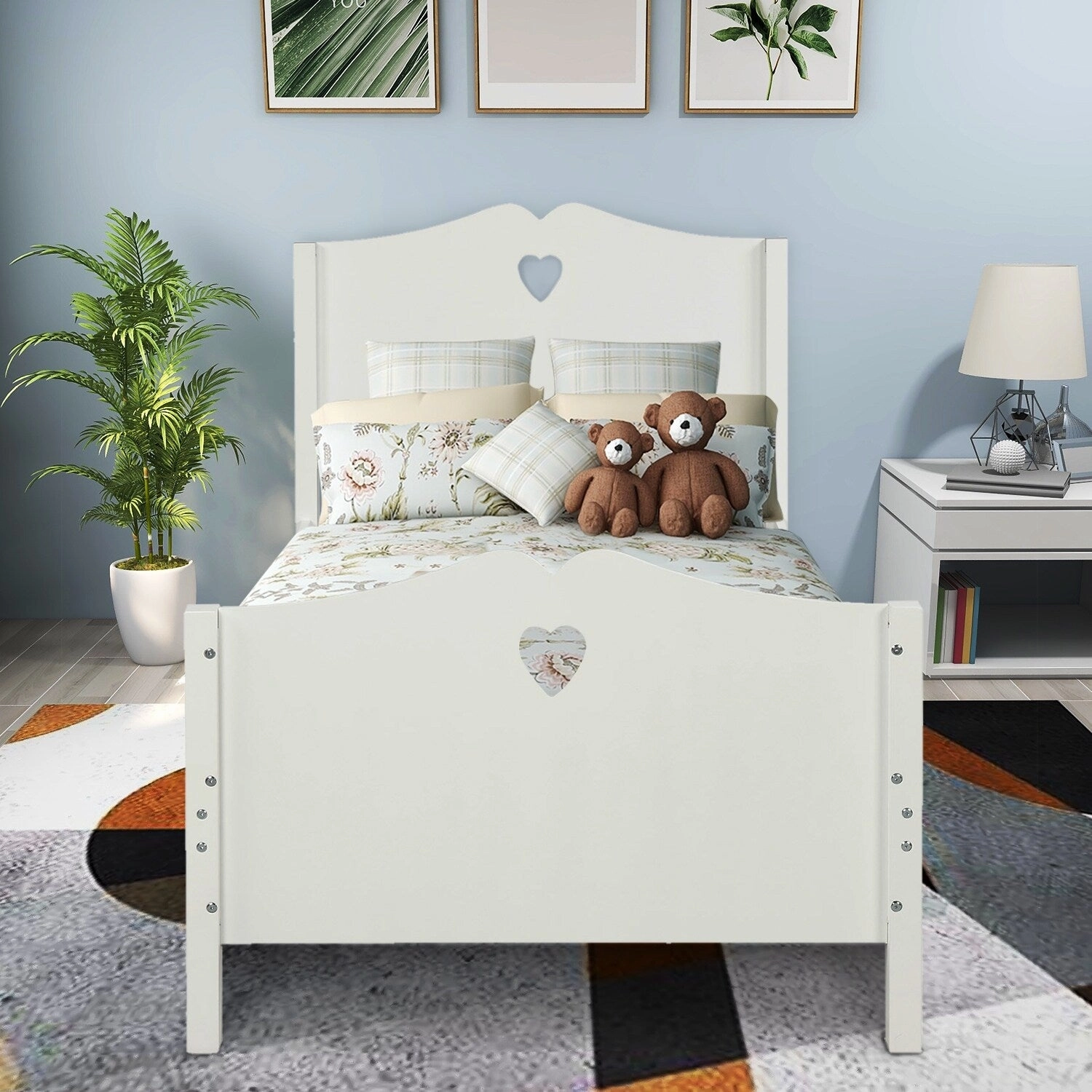 Twin Platform Bed with Wood Slat Support and Headboard and Footboard. White